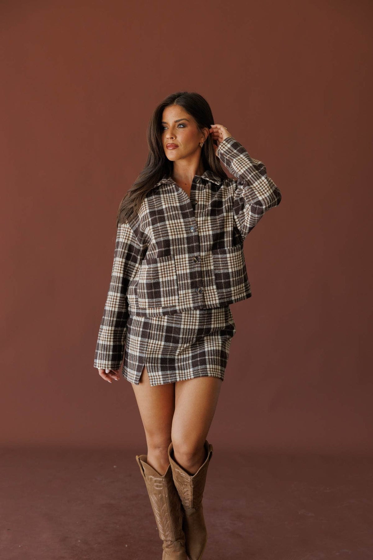 Black and cream plaid mini skirt