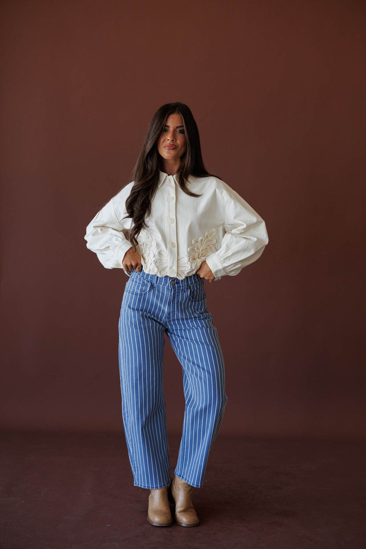 Just Black Striped Barrel Jean, full-length view with a white blouse