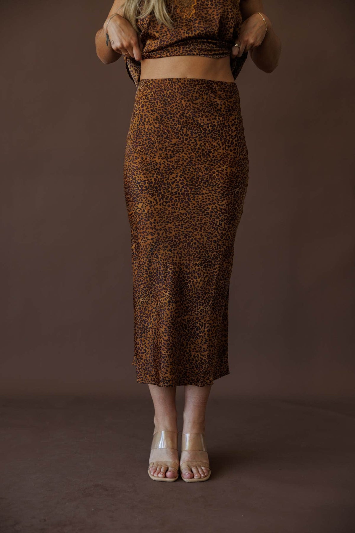 Cheetah print midi skirt, front view