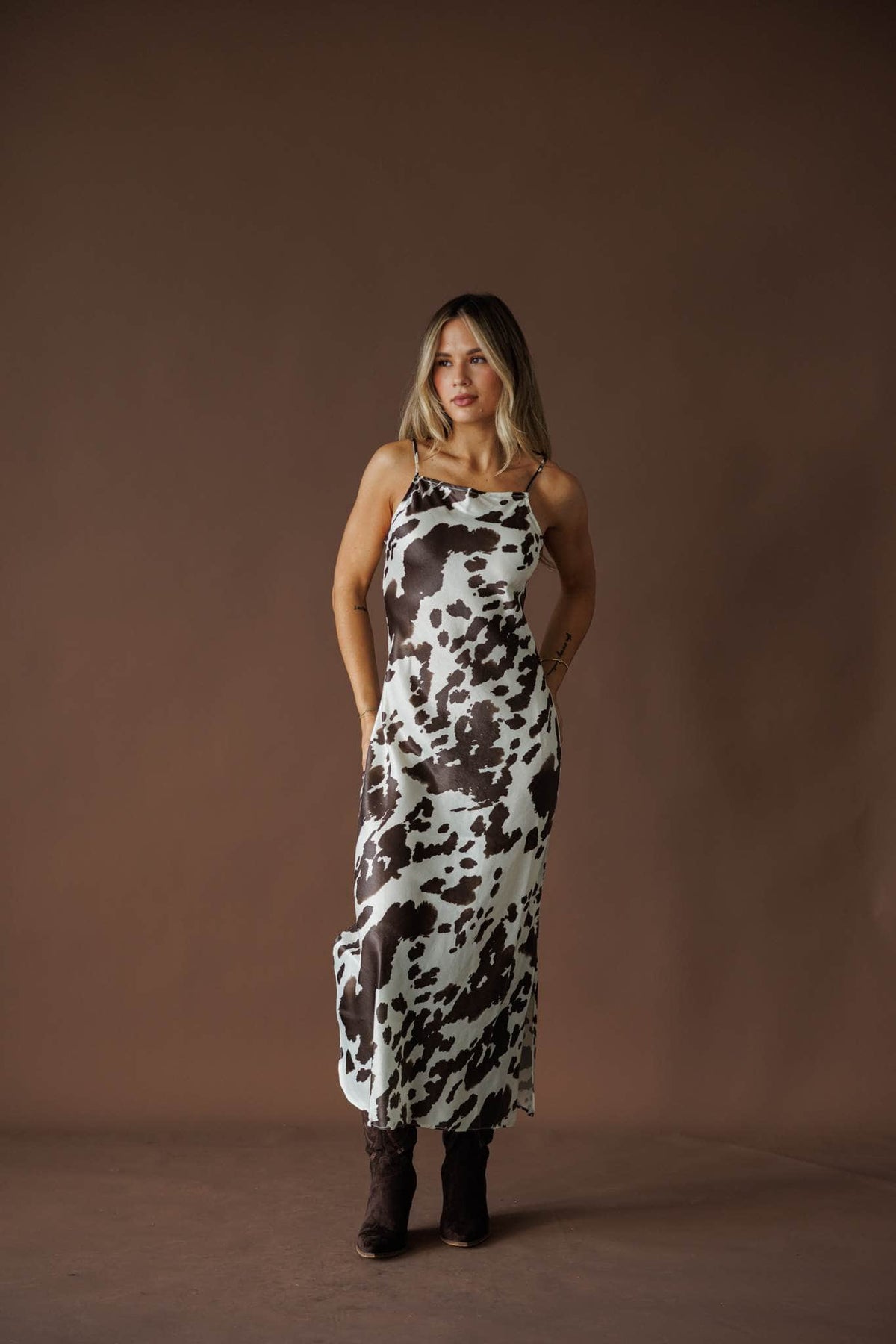 Cow print maxi slip dress