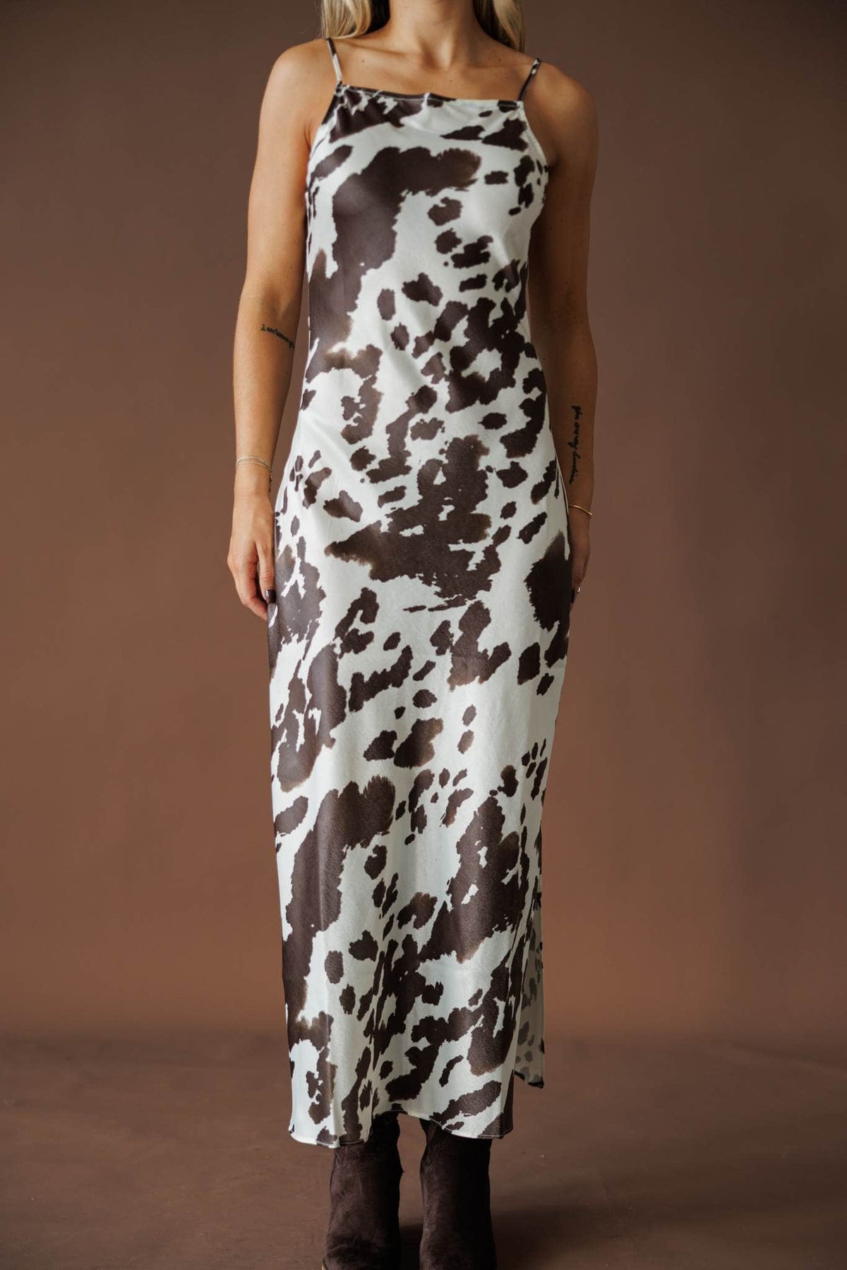 Cow print maxi slip dress