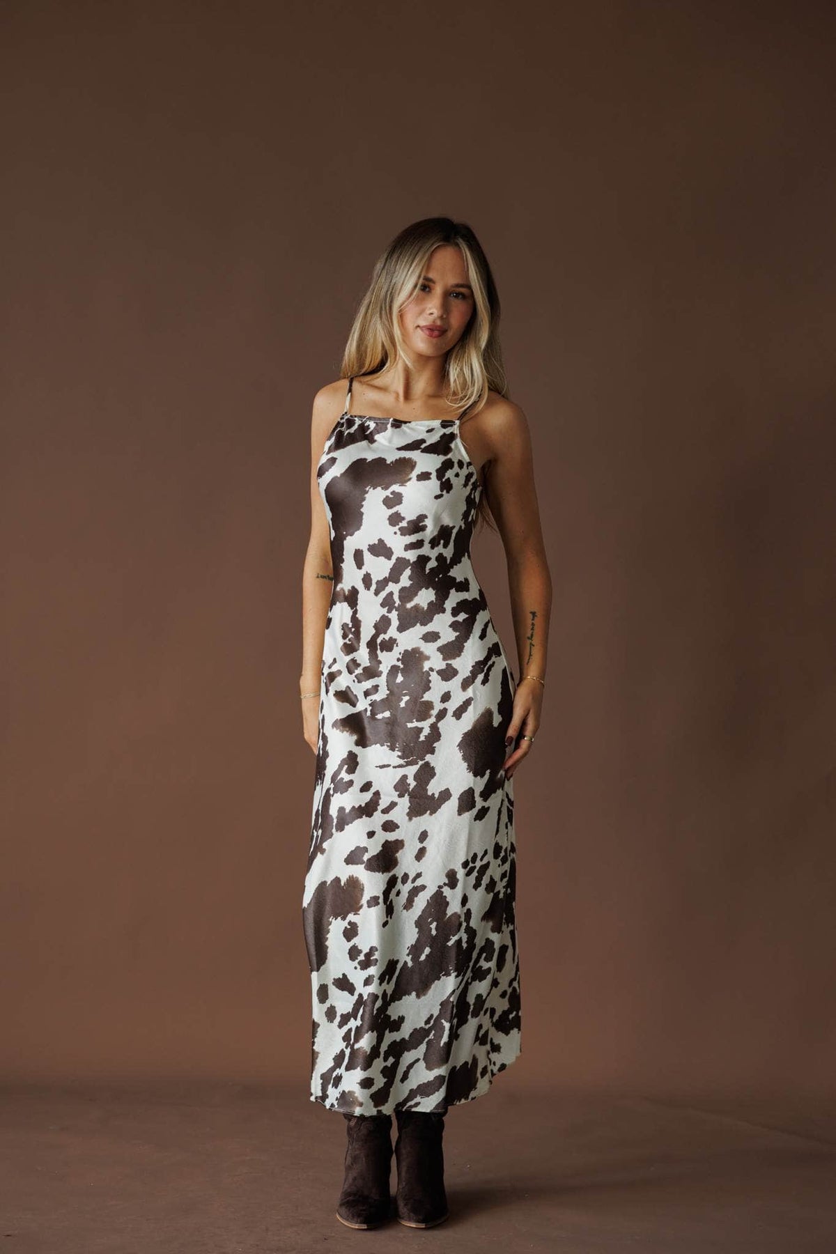 Cow print maxi slip dress, front view
