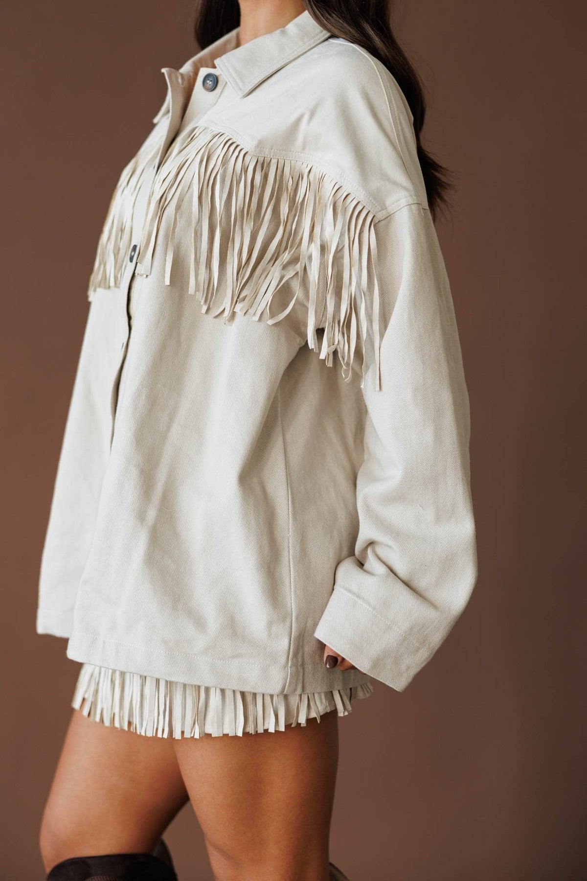 Oatmeal fringe shirt jacket