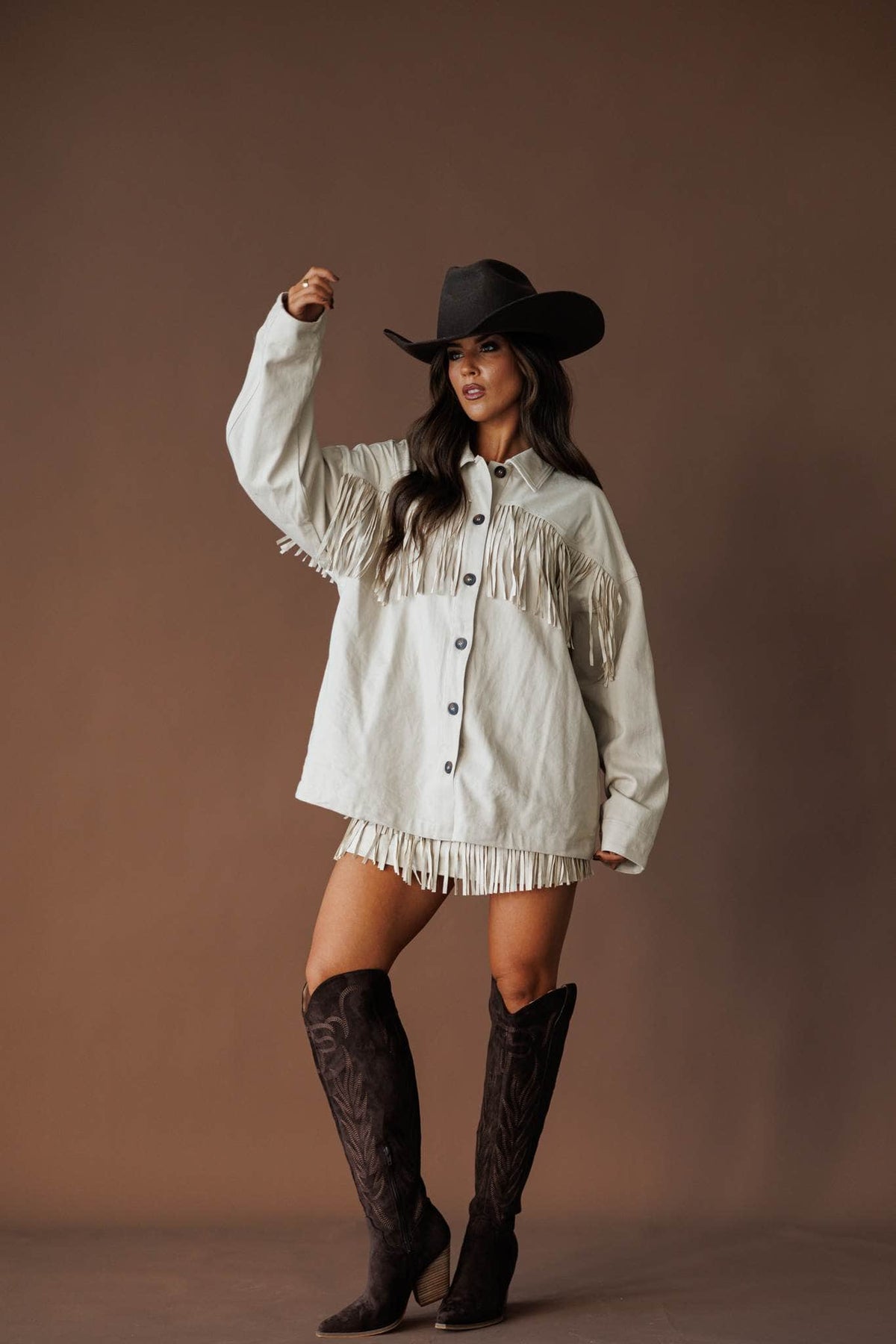 Oatmeal fringe shirt jacket, front view