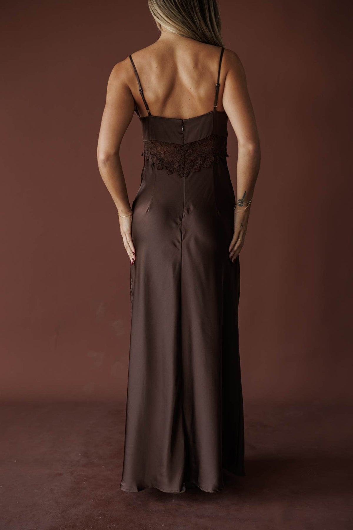 Lace Alter Maxi Dress, in espresso, back view of the slip maxi
