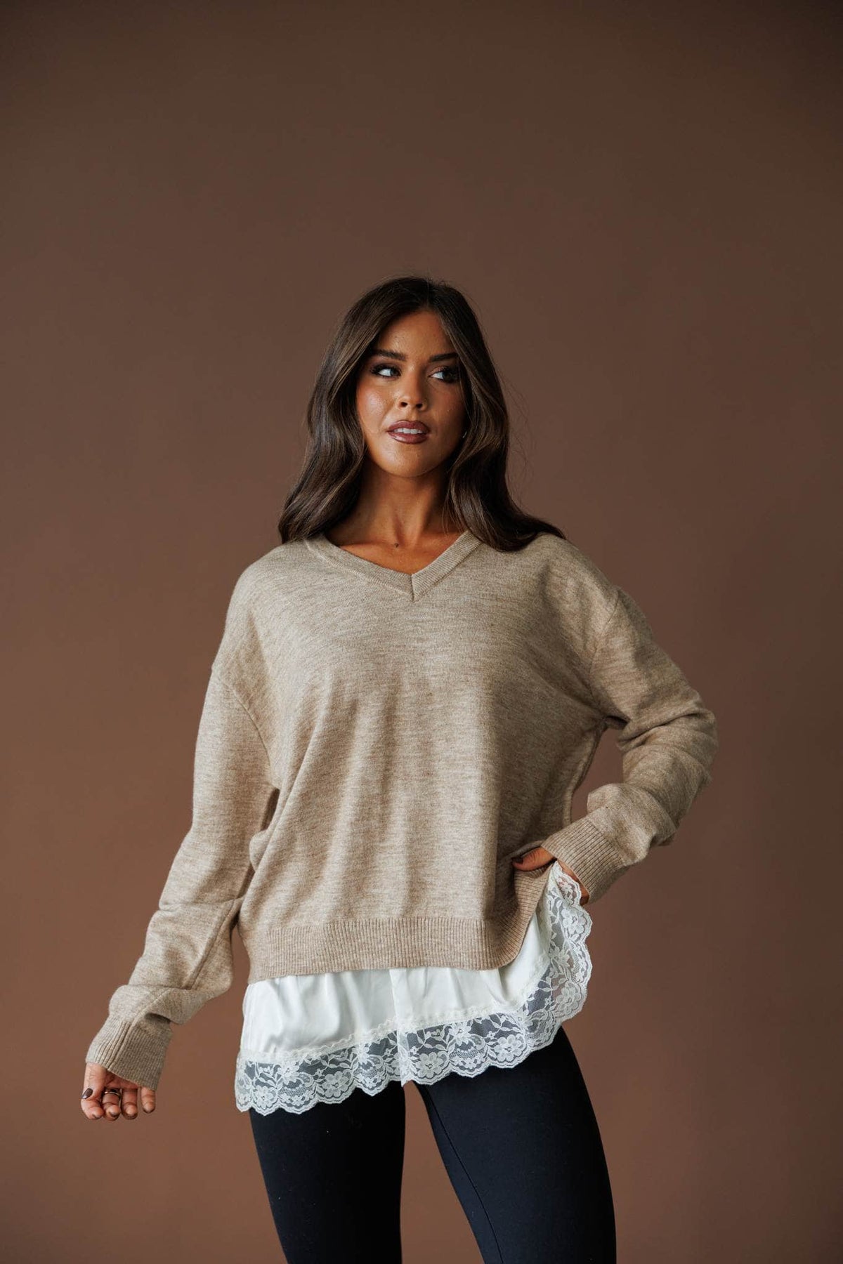 Lace layer V neck sweater
