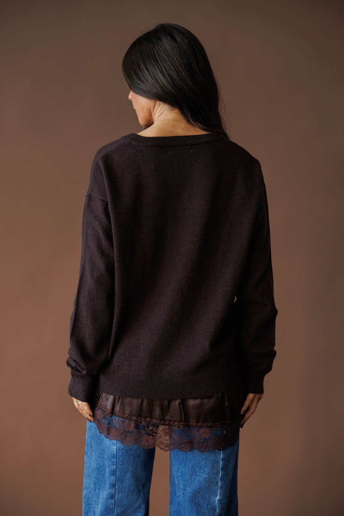 Lace layer V neck sweater