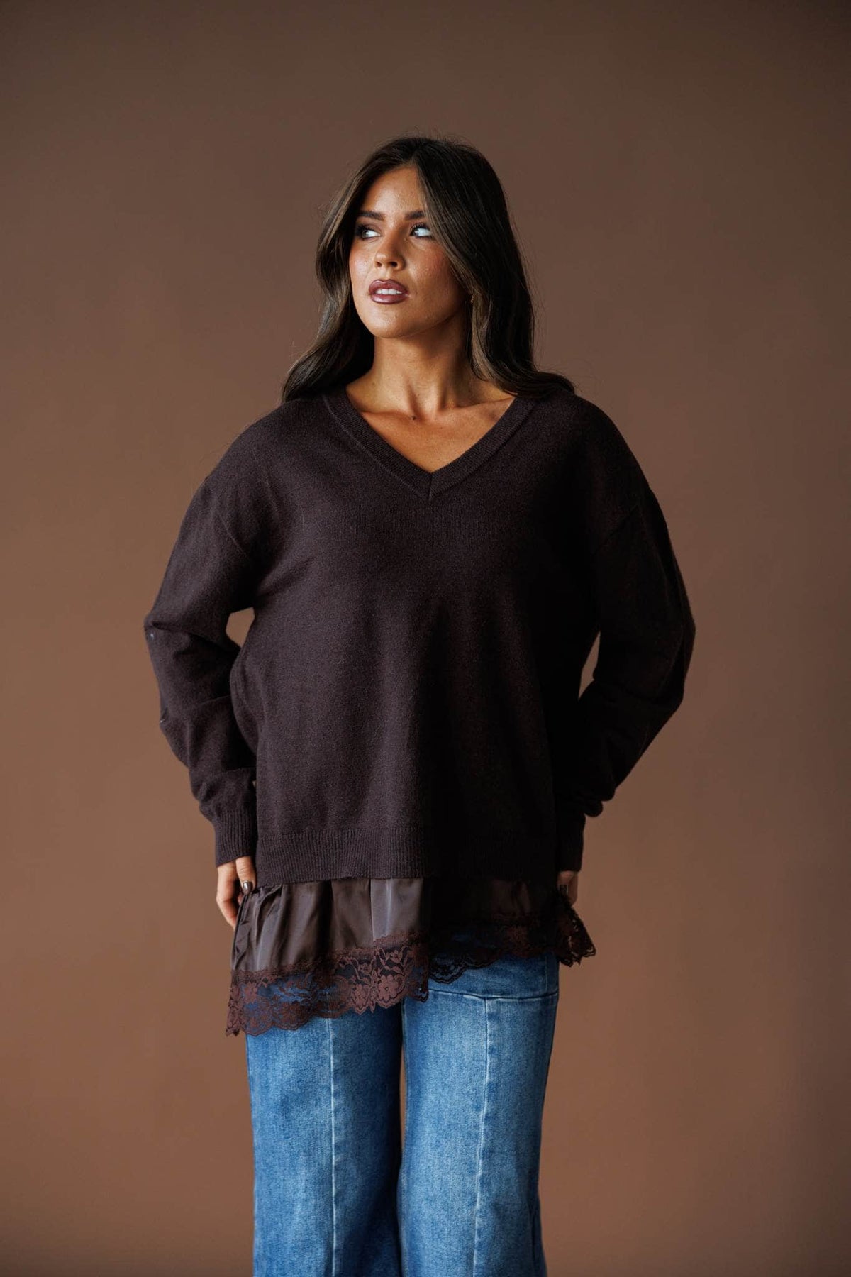 Lace layer V neck sweater