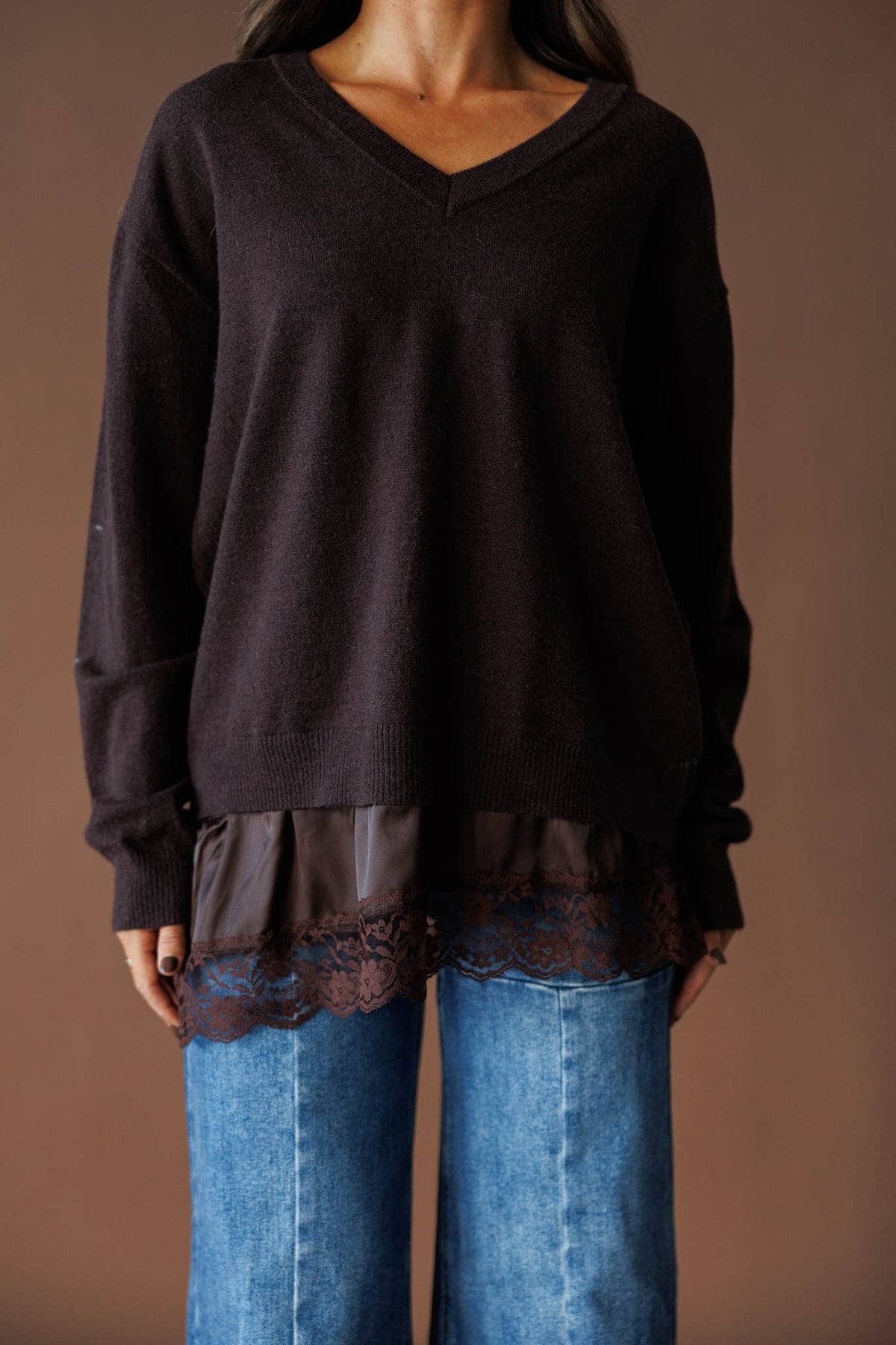 Lace layer V neck sweater