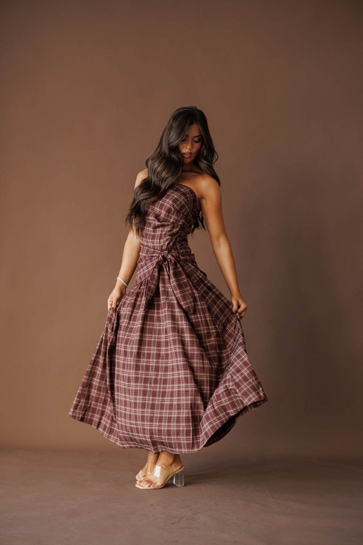 Plaid strapless maxi dress