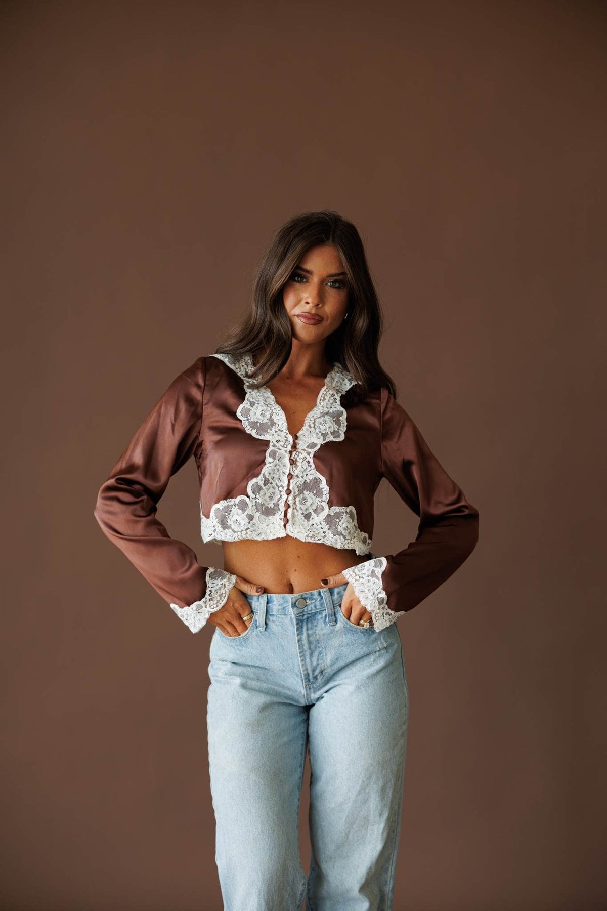 Satin and lace top, front view