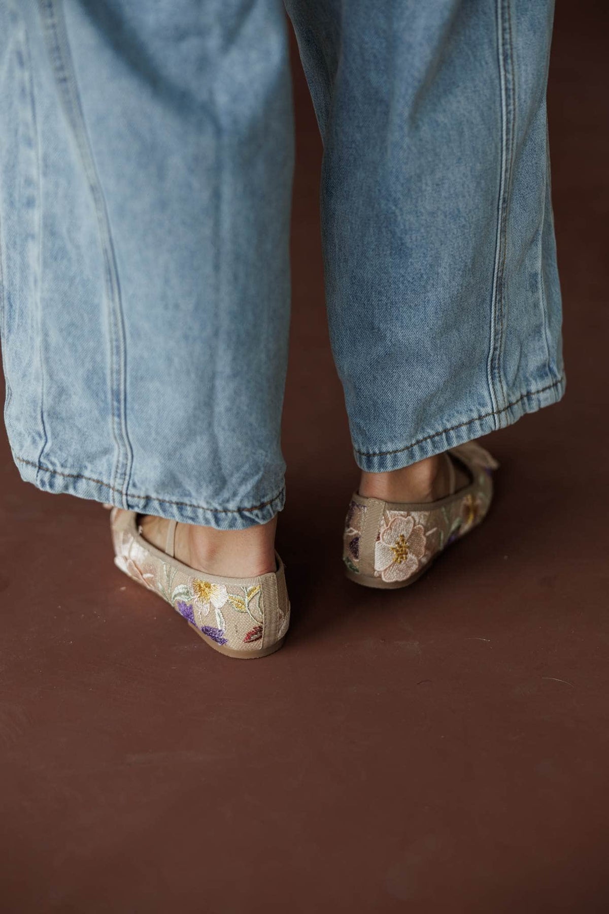 London Floral Ballet Flat, in floral, front view of the flats with wide leg denim