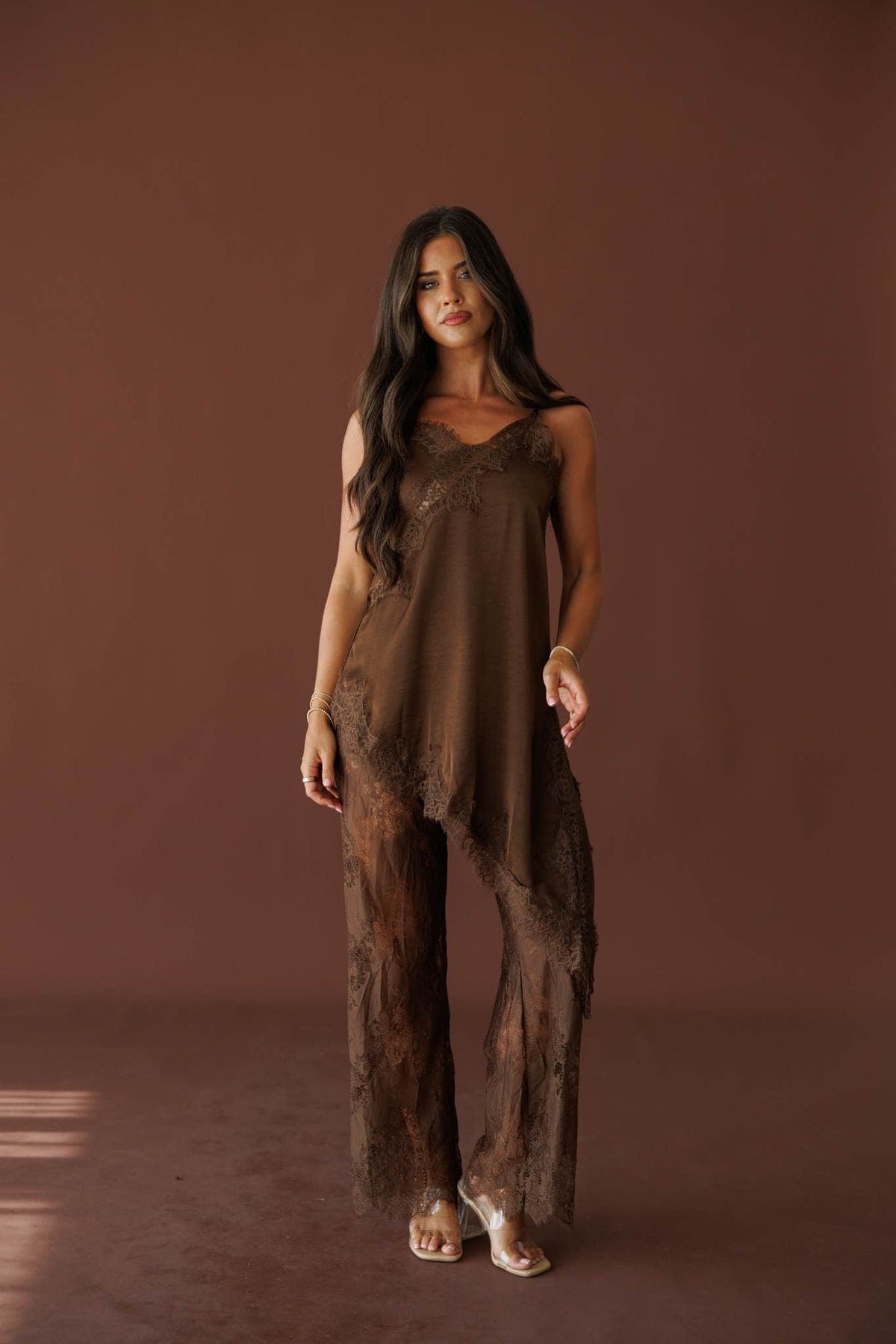 Love Letters Lace Top in brown, full-length view on model with matching lace pants