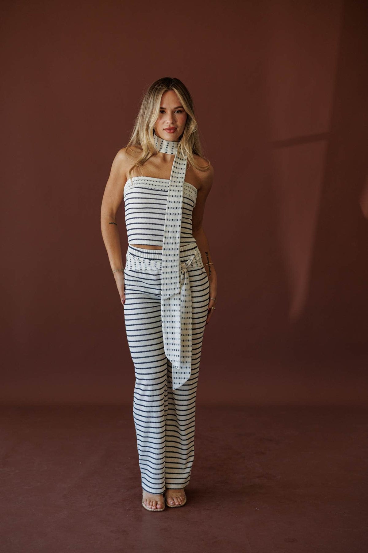 Striped Signal Tube Top, full-length view of the striped knit set
