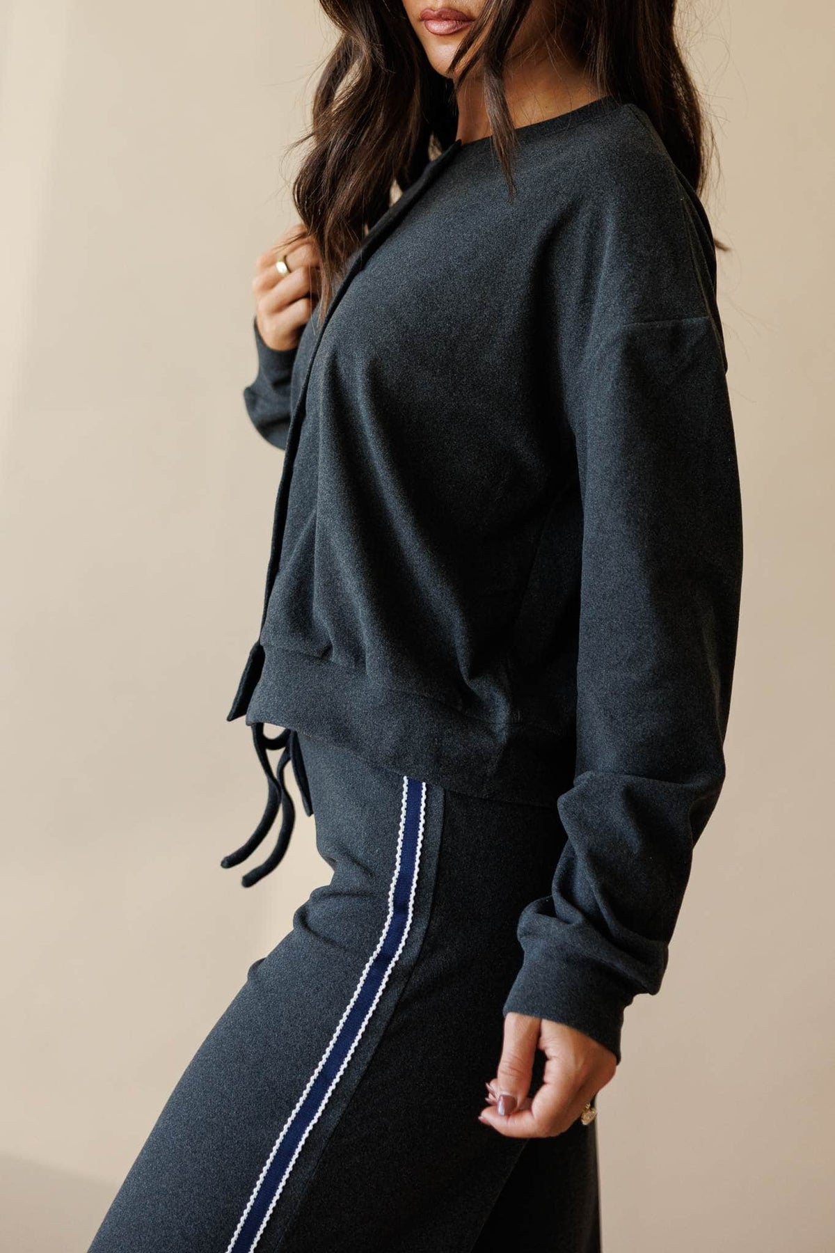 Charcoal knit cardigan with drawstring hem