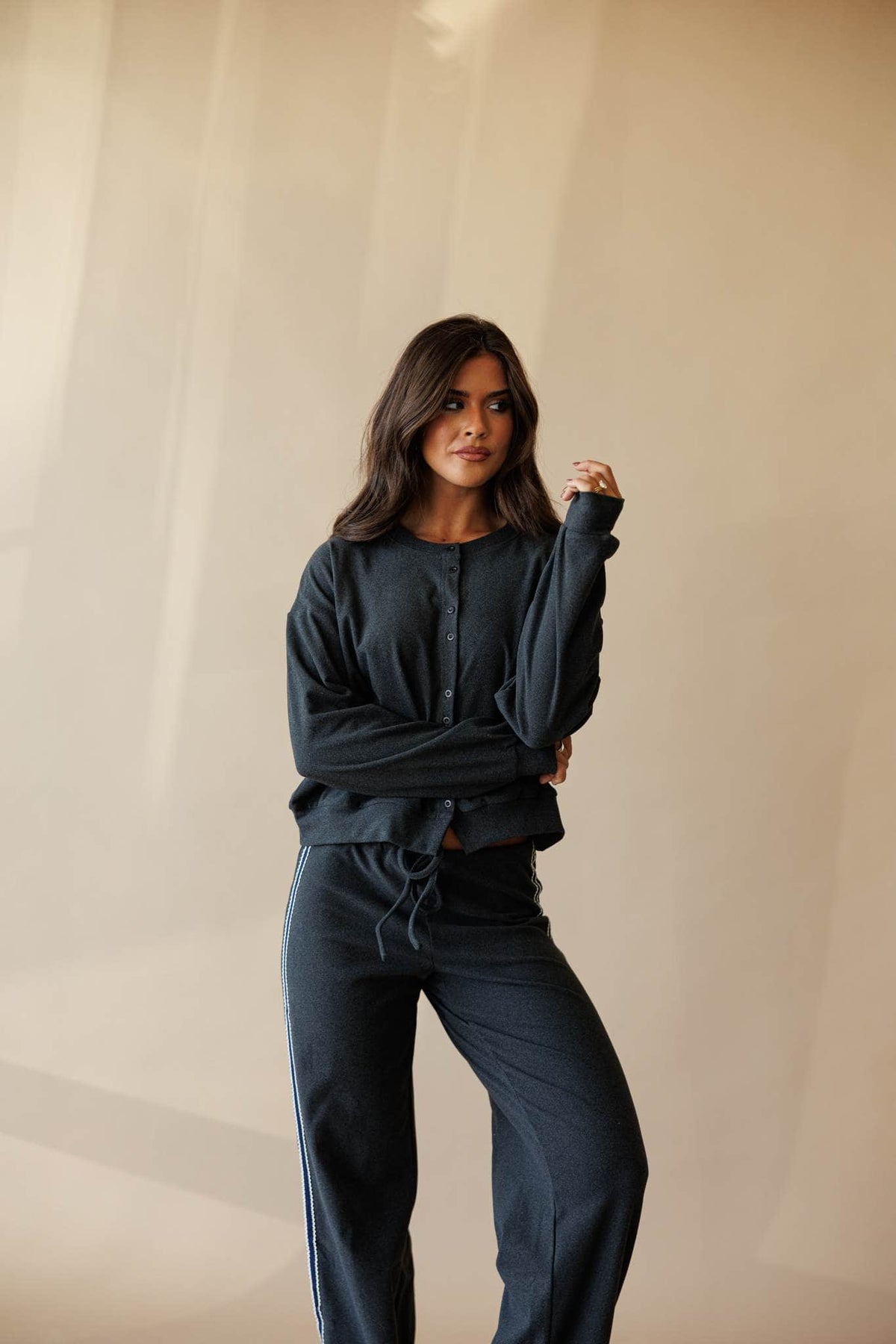 Charcoal knit cardigan with drawstring hem