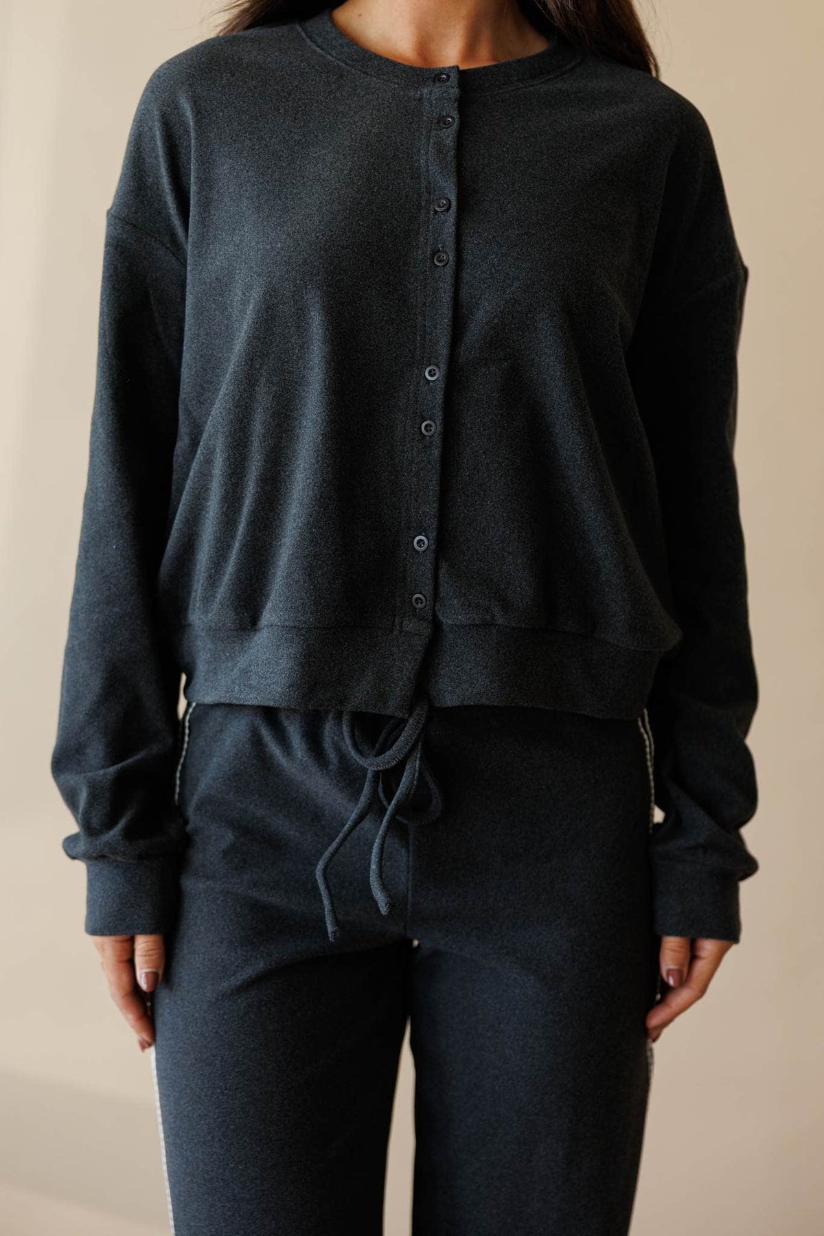 Charcoal knit cardigan with drawstring hem