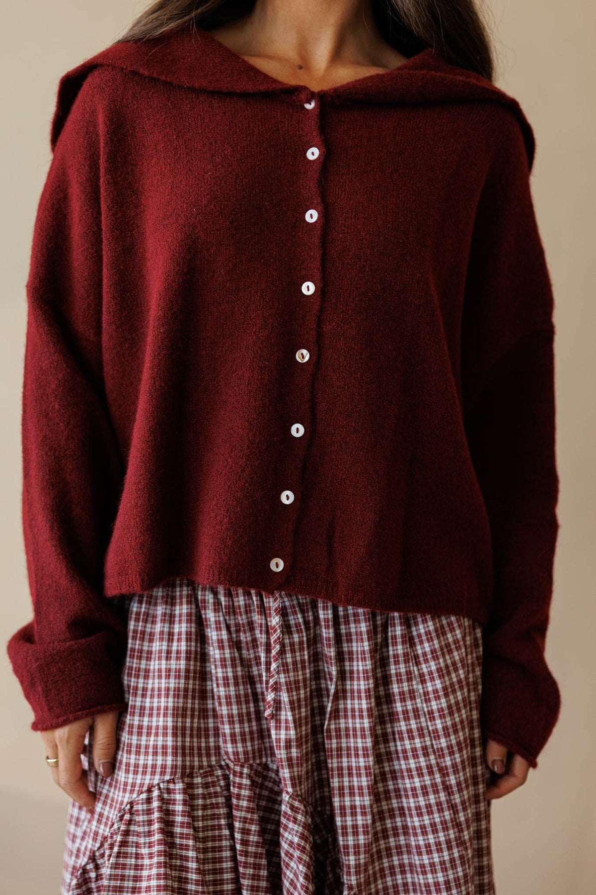 Wine knit button front cardigan