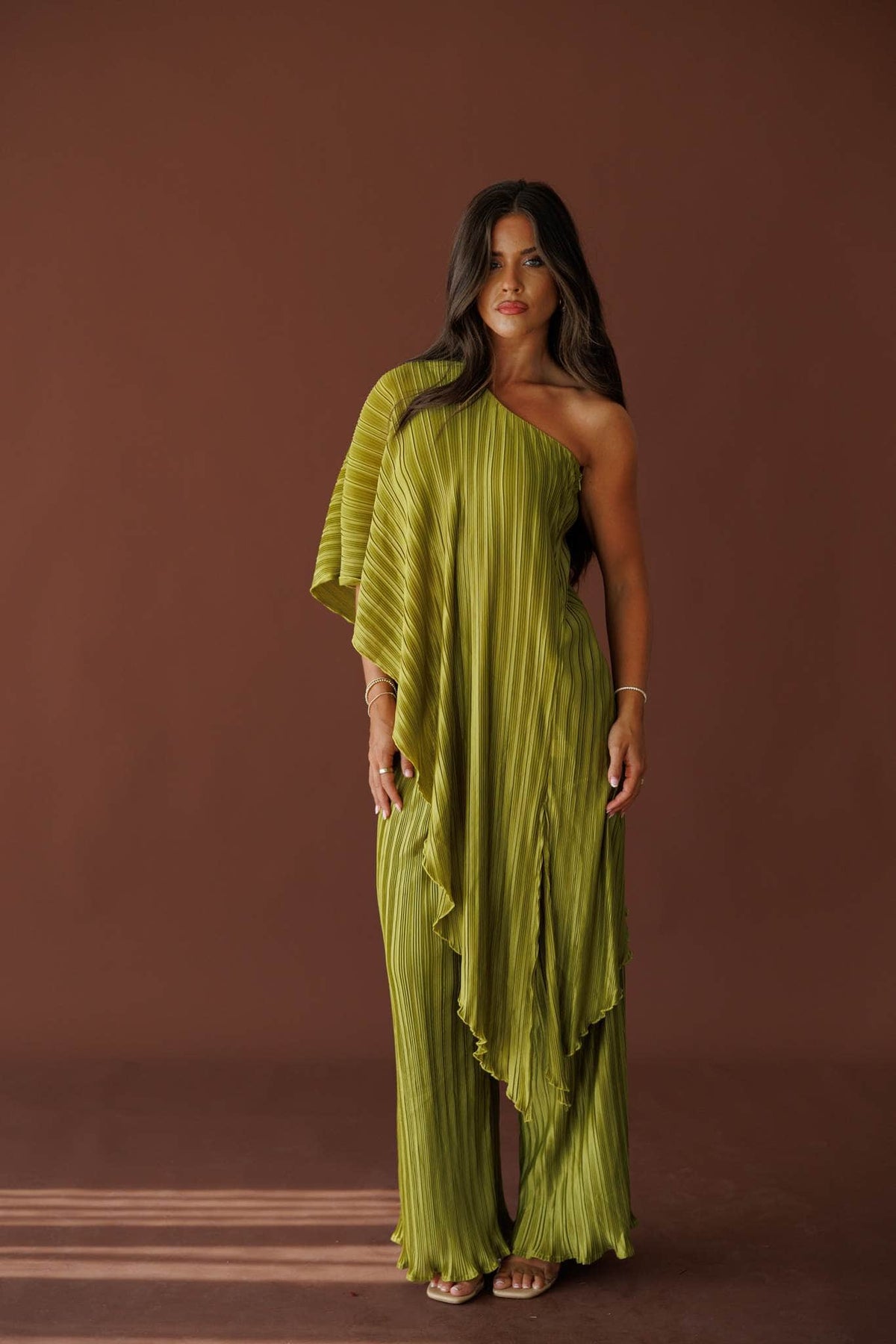 Muse Moments Pleated Top in olive, full-length front view on model