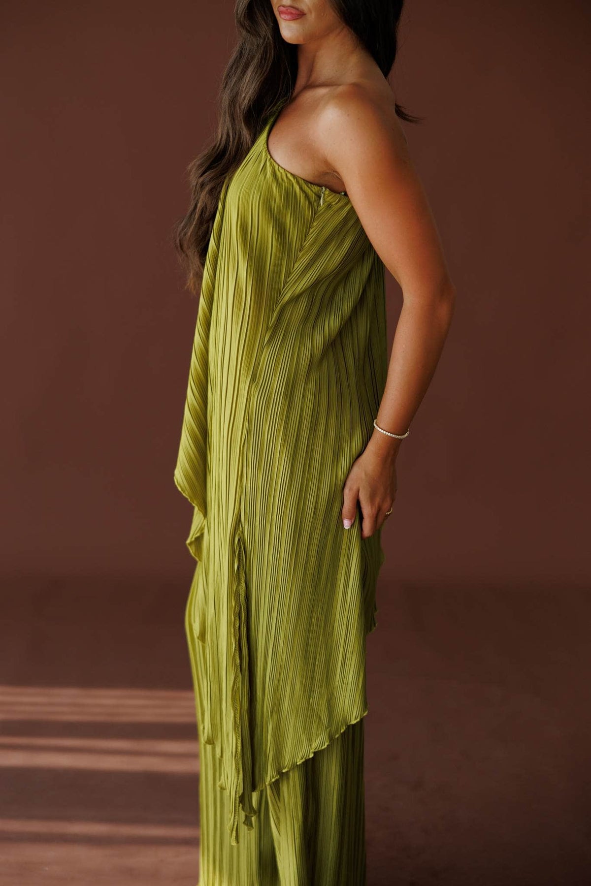 Muse Moments Pleated Top in olive, side close-up of the one shoulder neckline