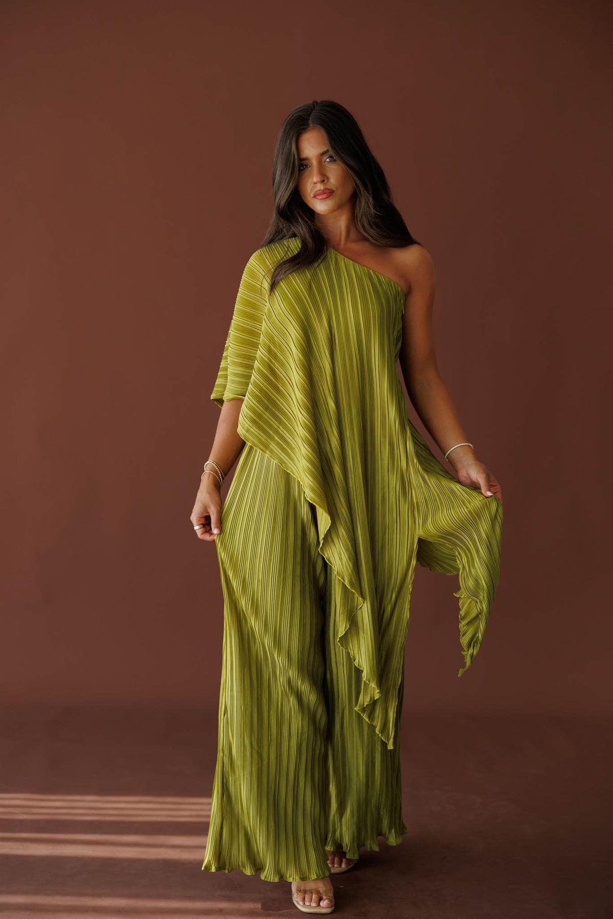Muse Moments Pleated Top in olive, full-length view with the matching pleated pants