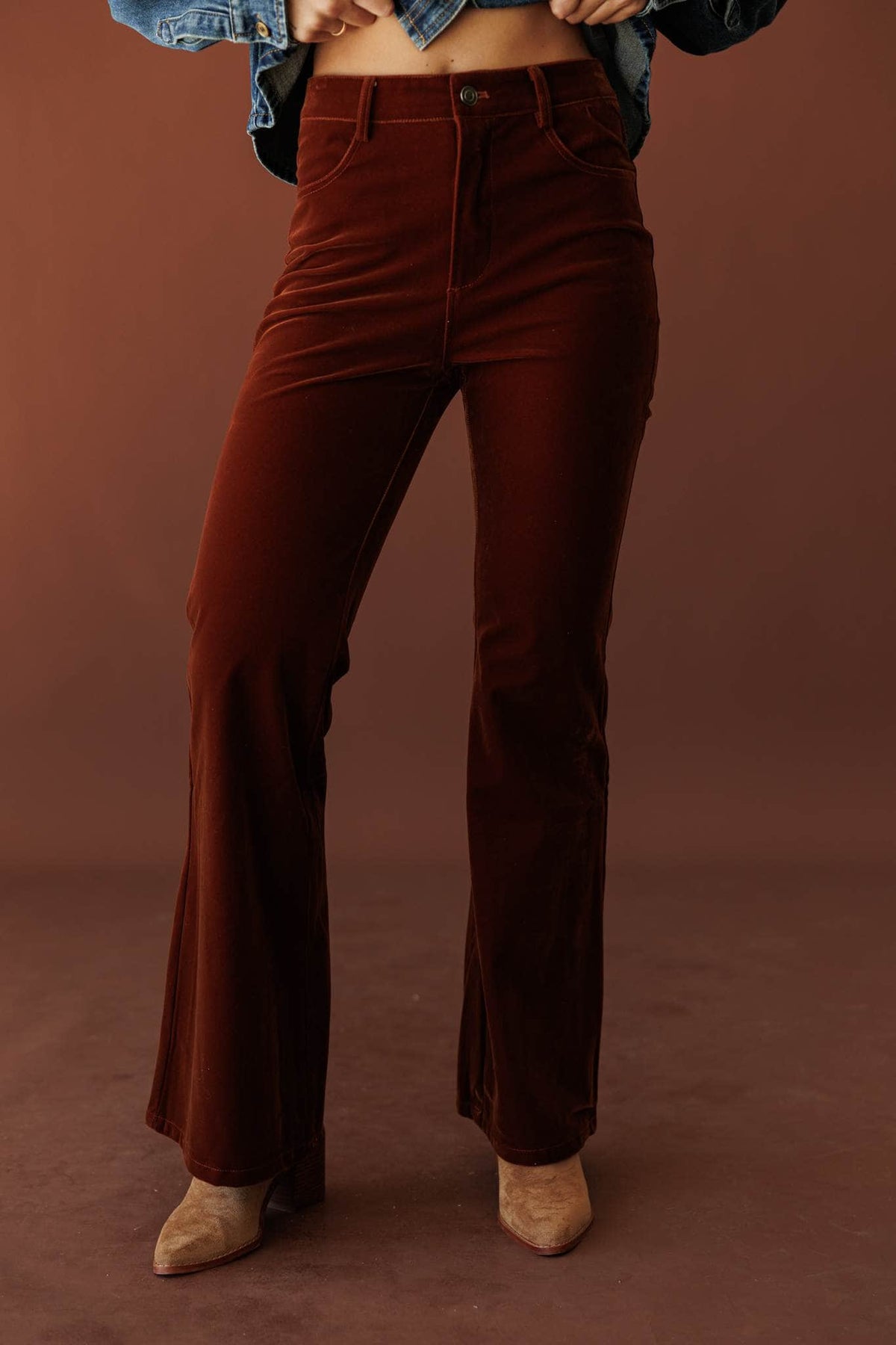 After Dark Velvet Flare Pants, in mulberry, front view of the velvet flare