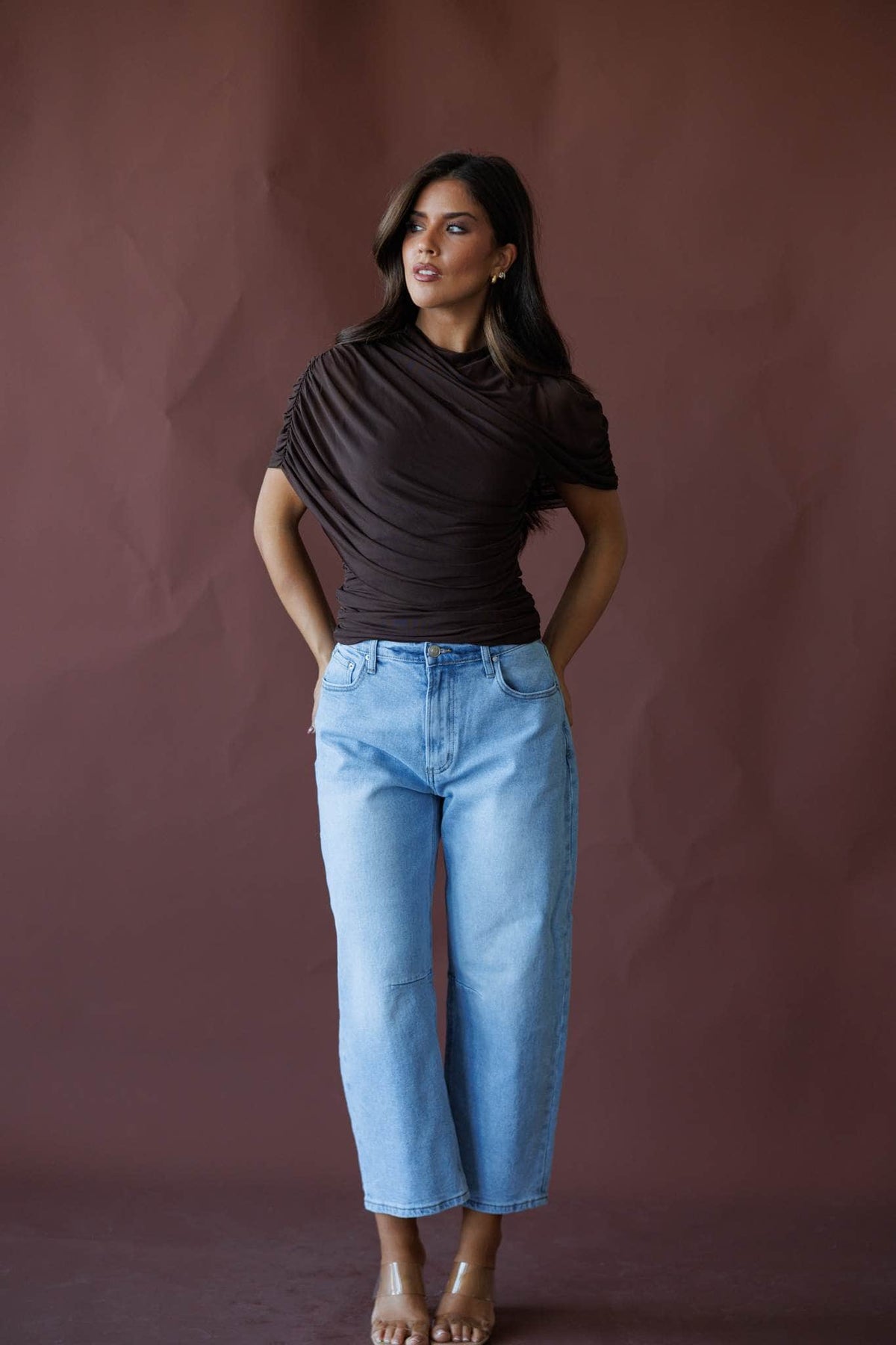 Light wash barrel leg jeans