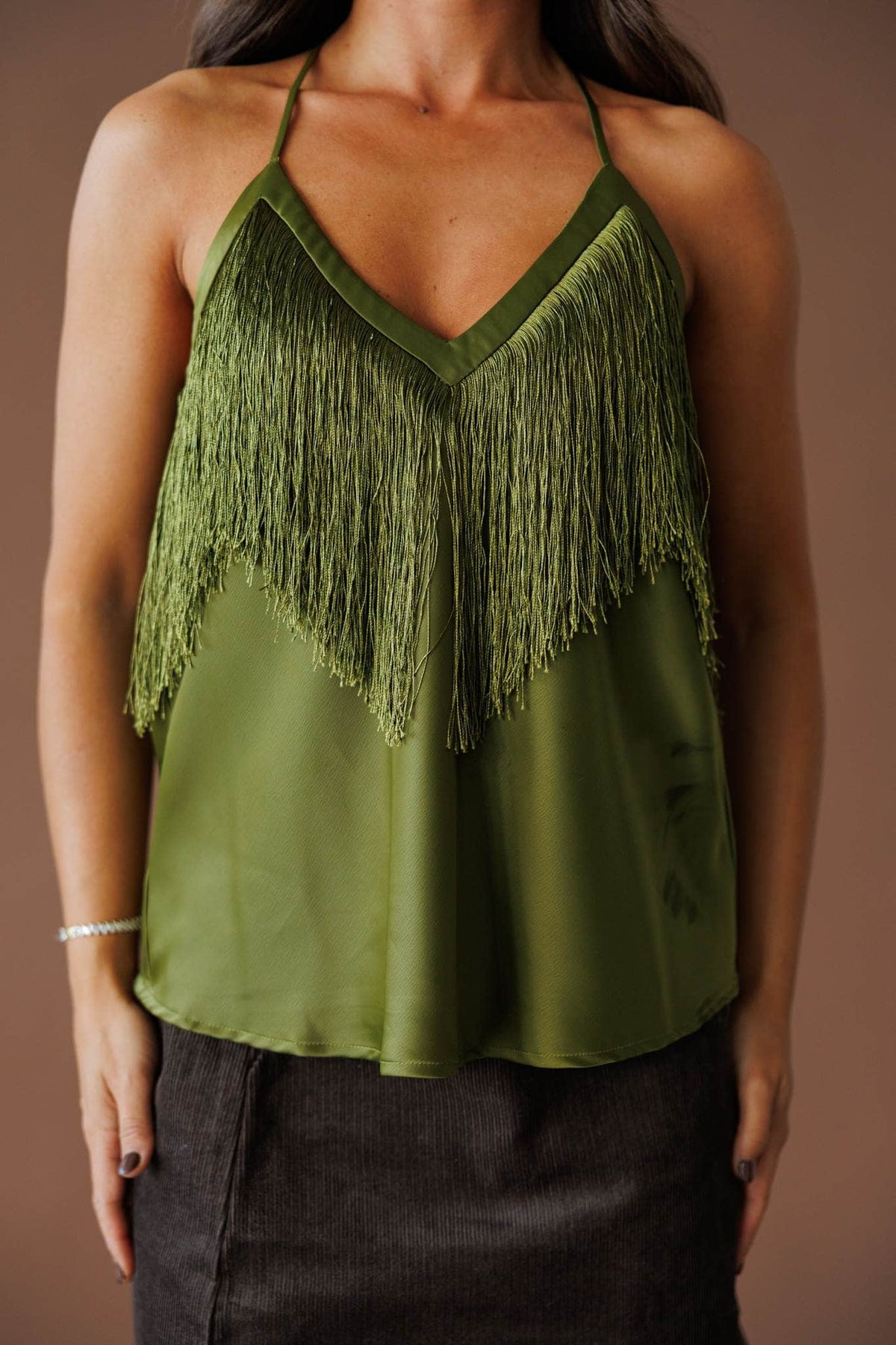 Olive fringe cami top