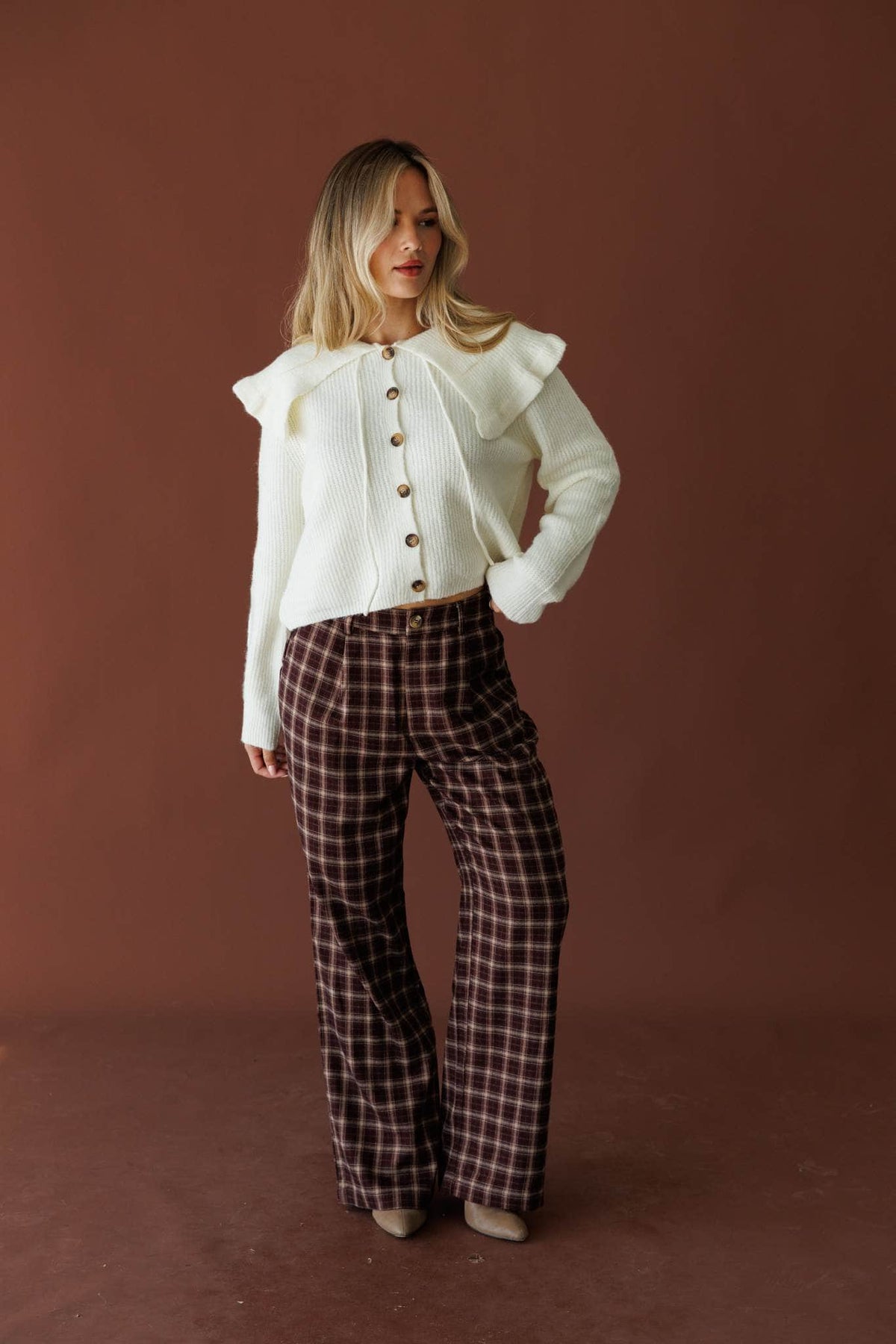 Burgundy plaid wide leg trousers