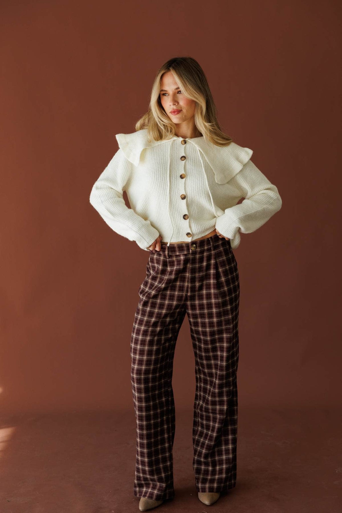 Burgundy plaid wide leg trousers