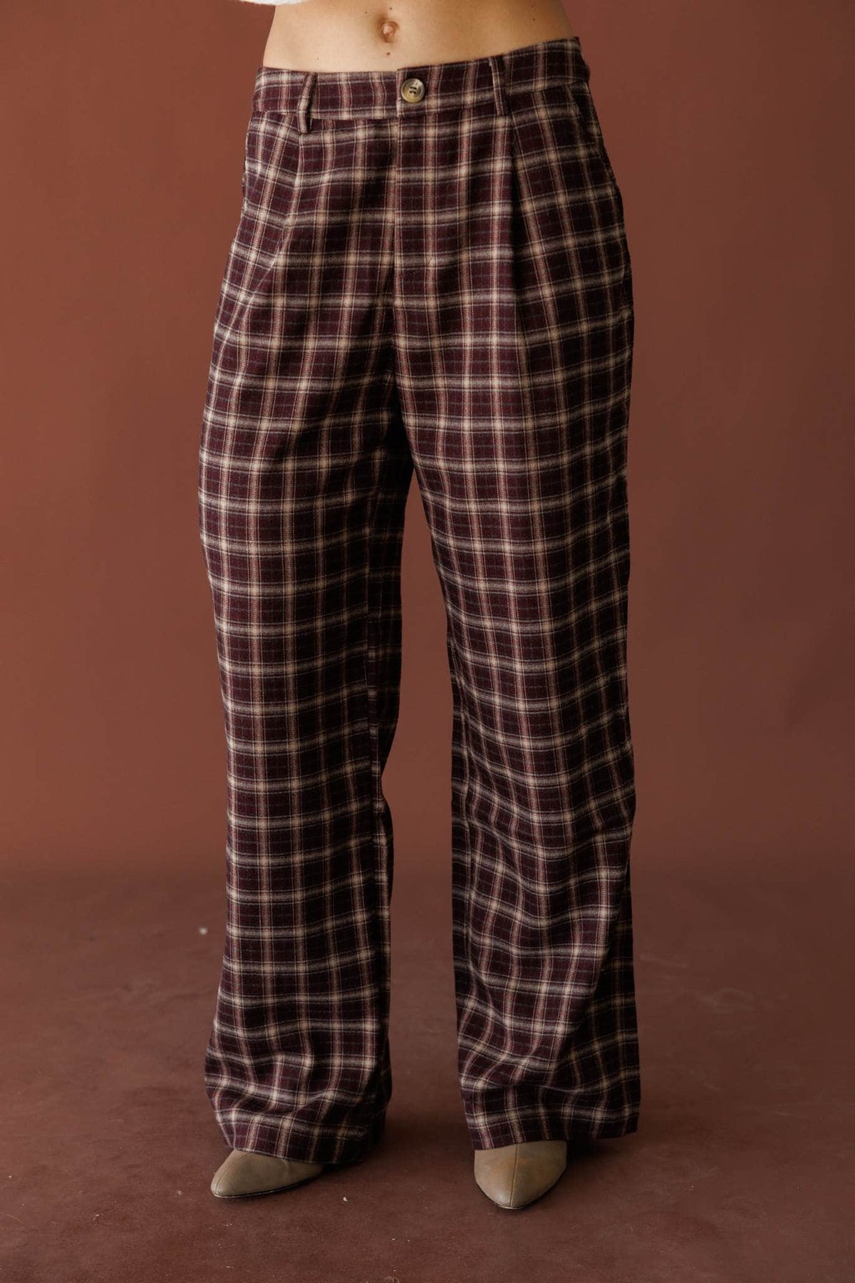 Burgundy plaid wide leg trousers, front view