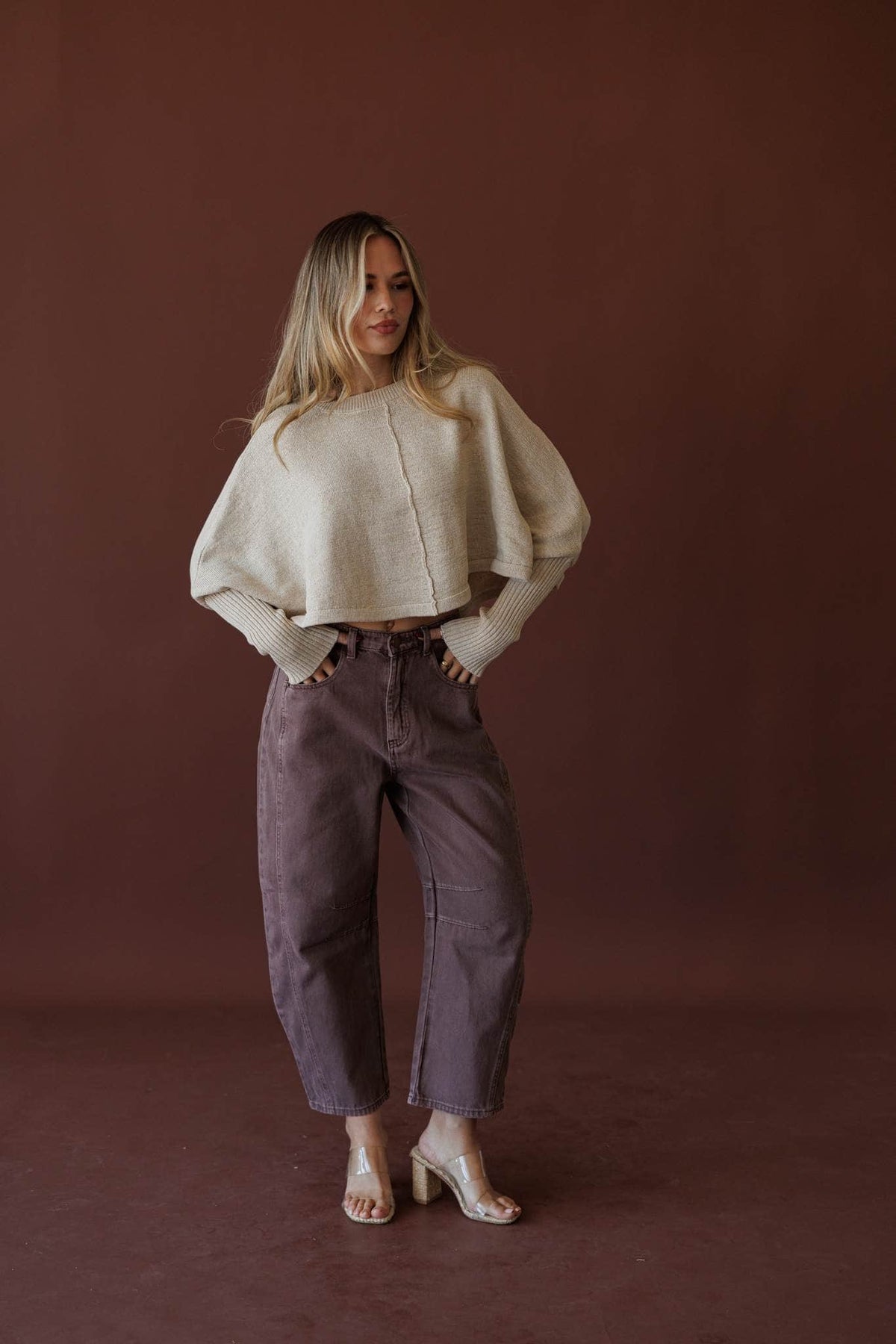 Eastside Cargo Pants, in dusty plum, full-length front view with a cream sweater
