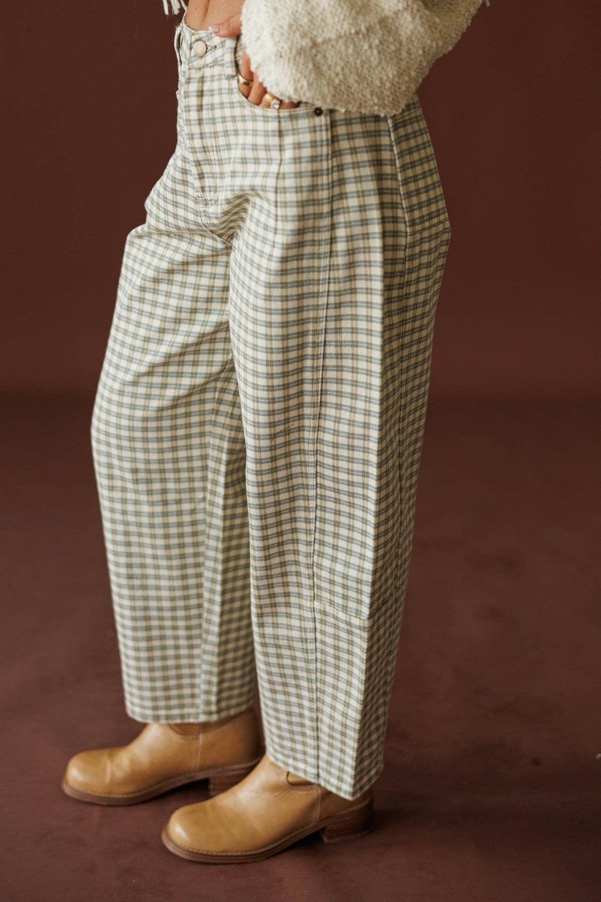 Picnic Plans Gingham Trousers, in olive mist, back view of the pleated trousers