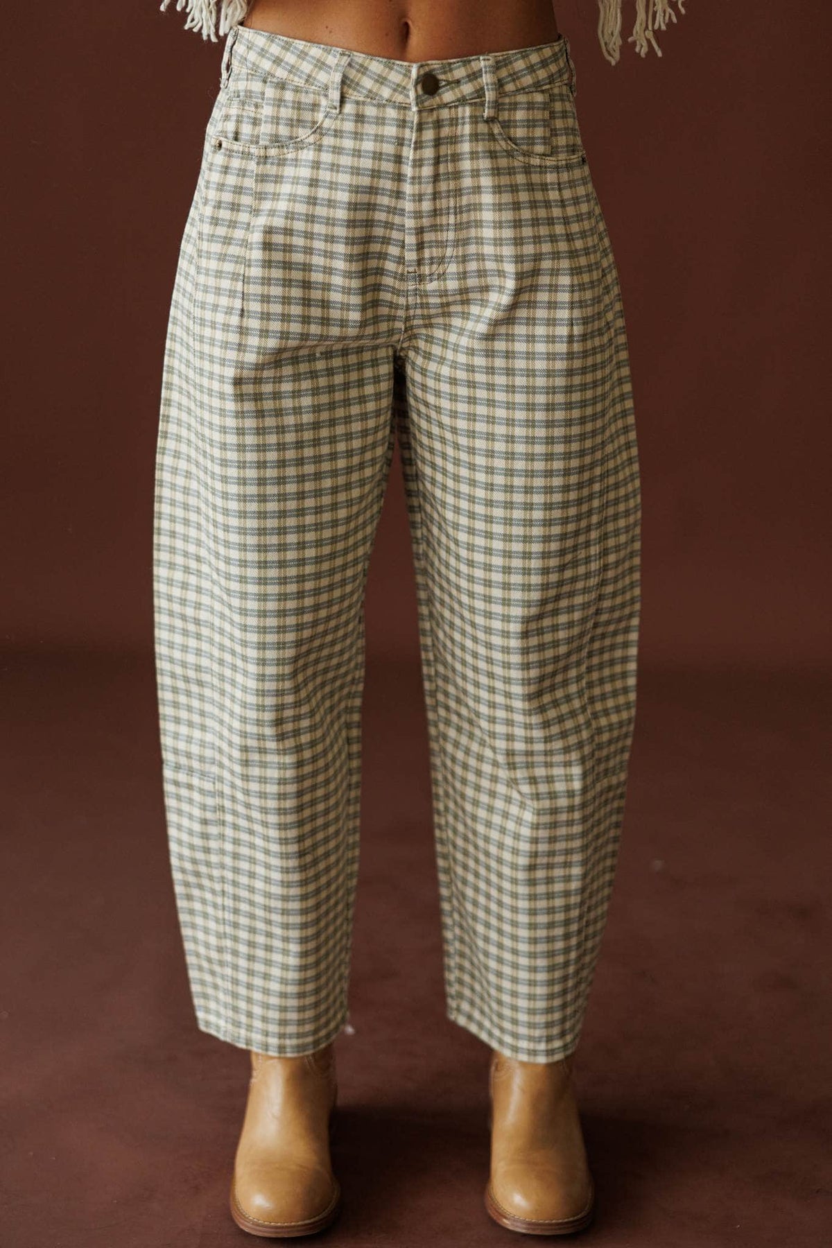 Picnic Plans Gingham Trousers, in olive mist, front view of the gingham check trousers