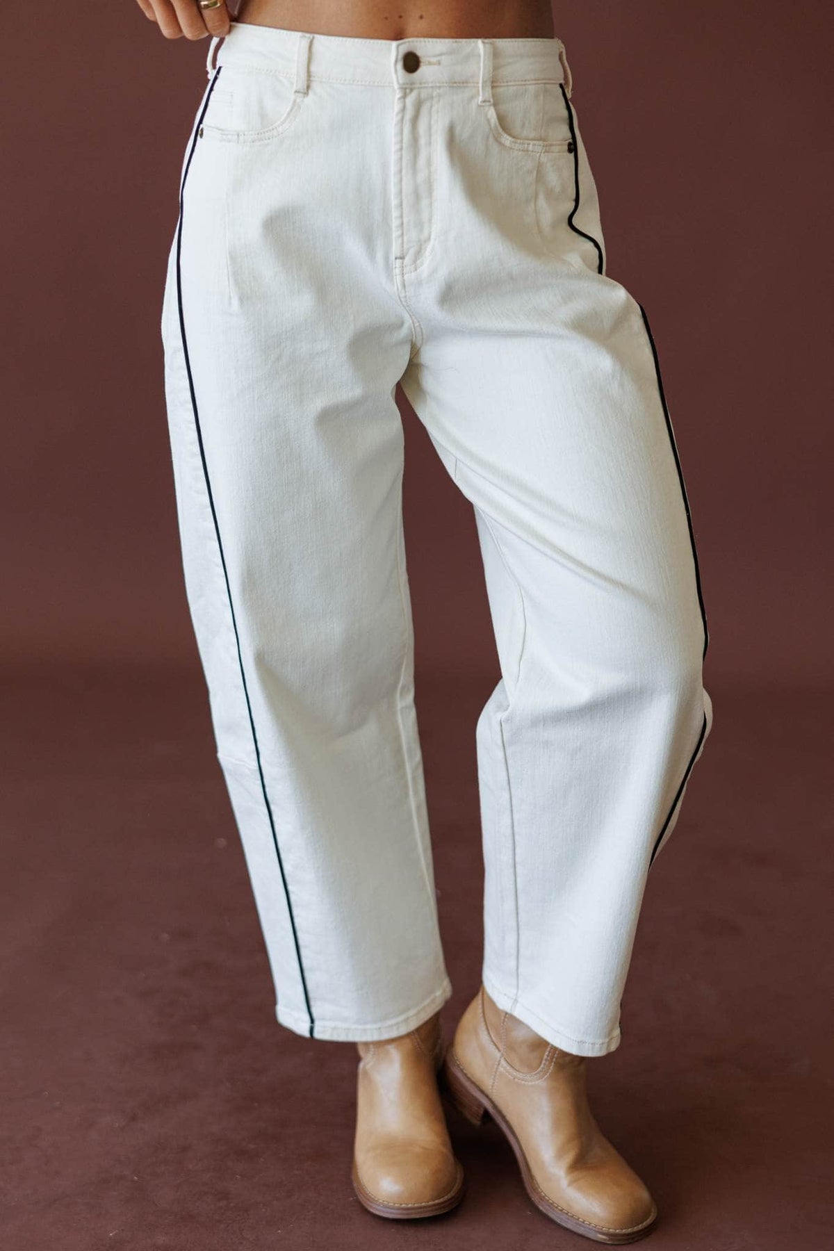 Piped Wide Leg Pants, in ecru, front view of the wide leg pants with contrast piping
