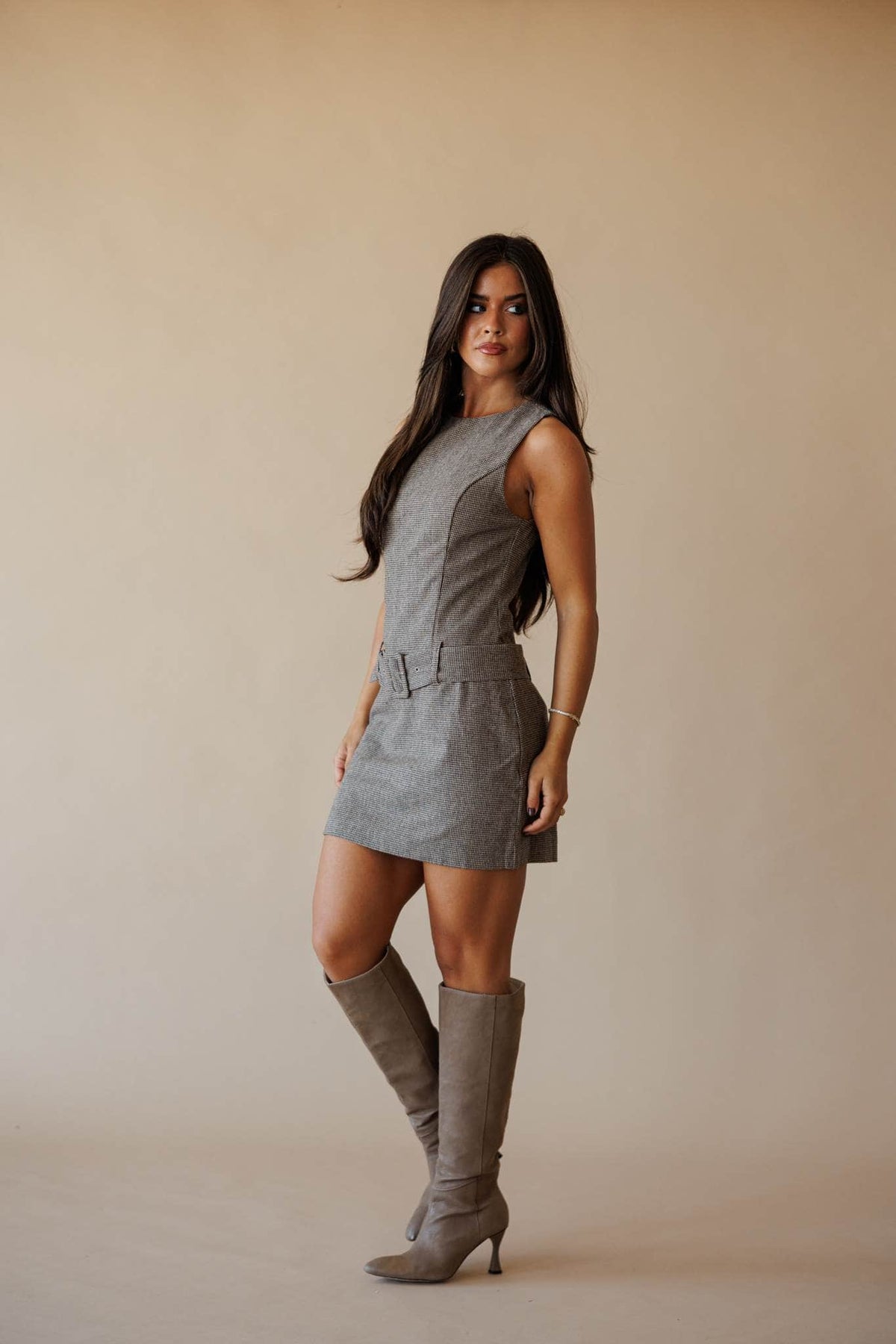 Brown houndstooth sleeveless mini dress