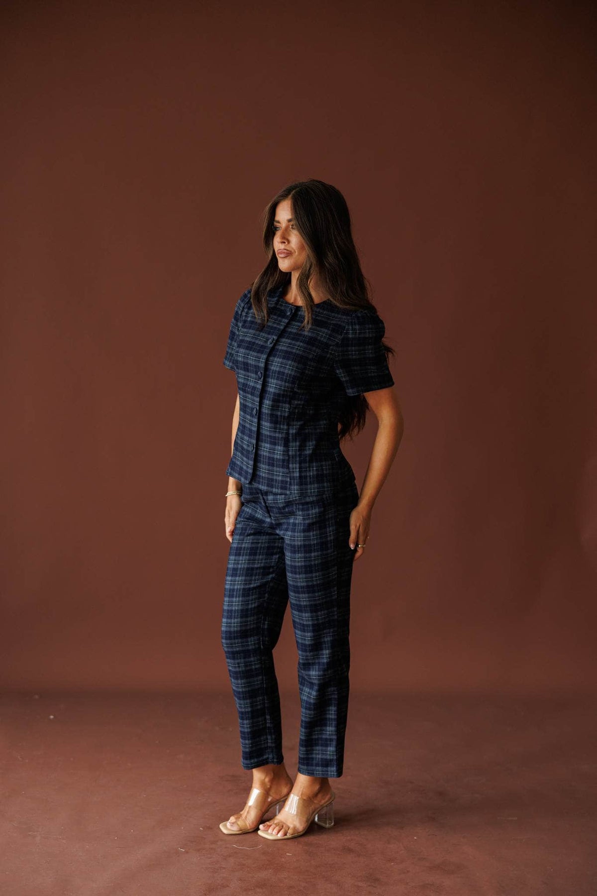 The Socialite Pants in teal plaid, three-quarter view of the matching two-piece set