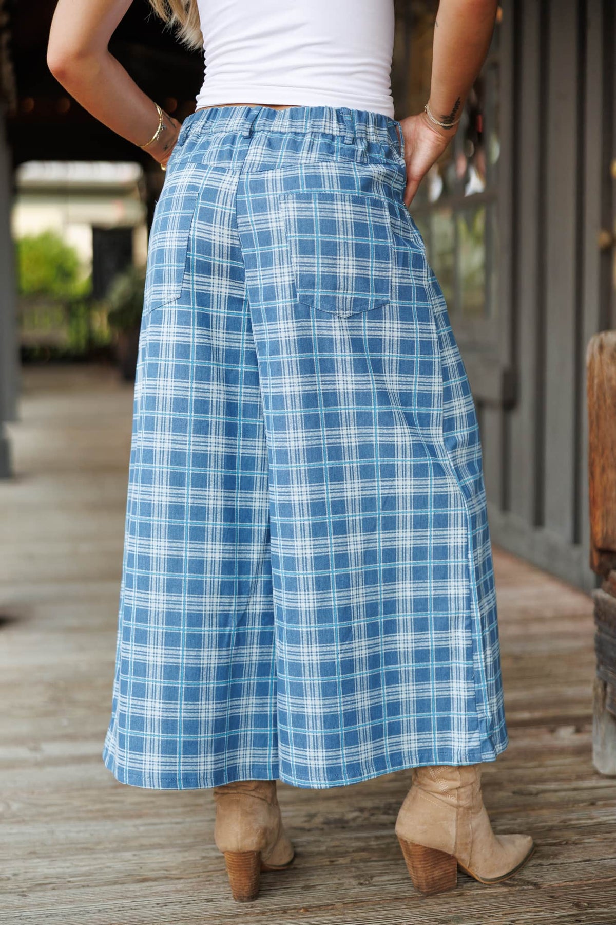 Plaid Denim Cropped Wide Leg Pants