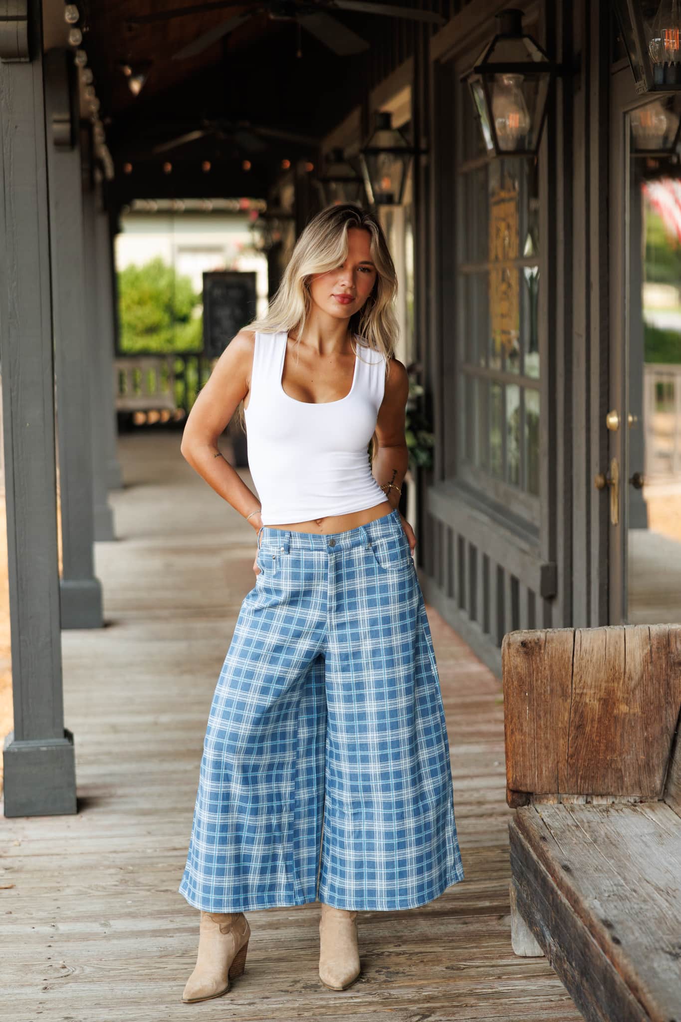 Plaid Denim Cropped Wide Leg Pants