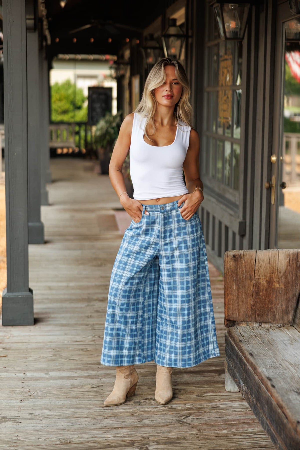 Plaid Denim Cropped Wide Leg Pants