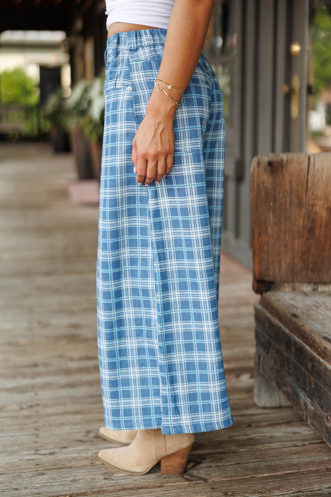 Plaid Denim Cropped Wide Leg Pants