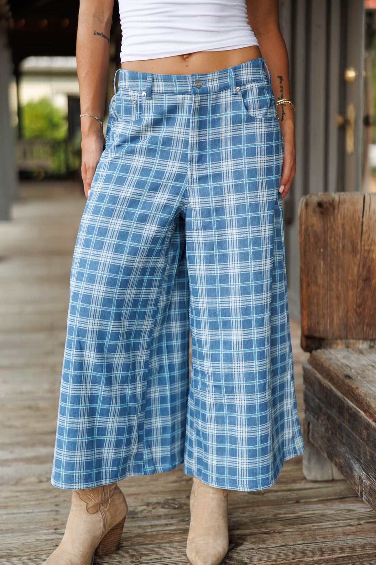 Plaid Denim Cropped Wide Leg Pants