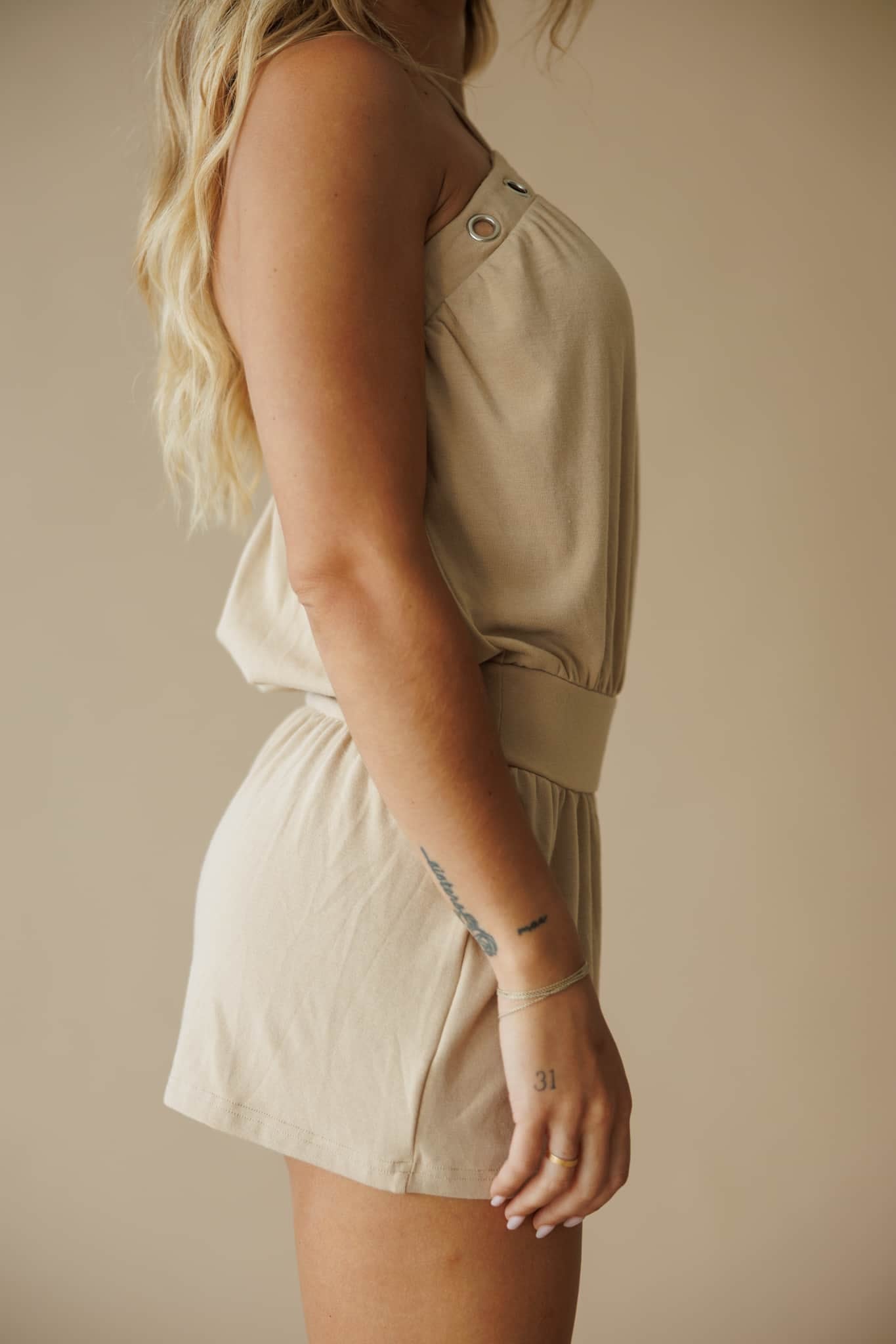 Tan Eyelet Halter Neck Romper