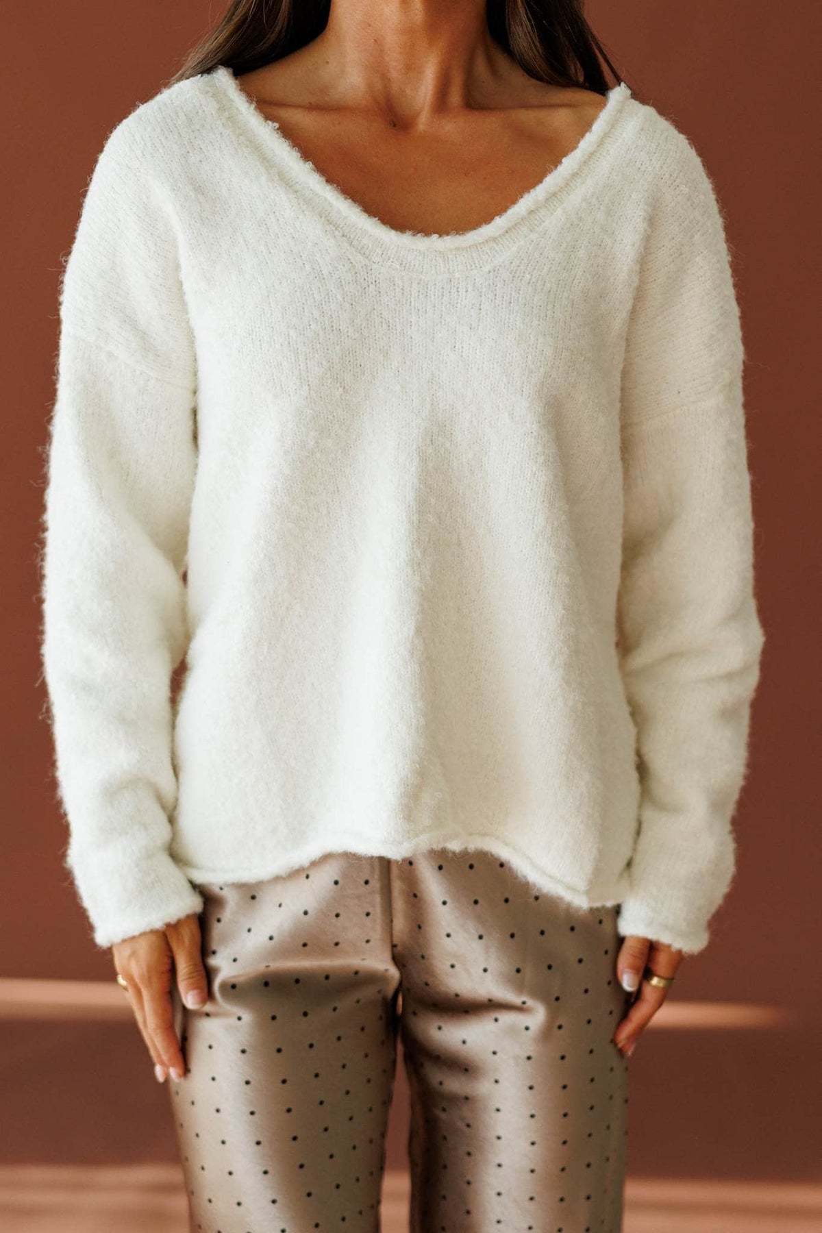 Half Past Cozy Sweater in ivory, front close-up of the V neck and fuzzy knit