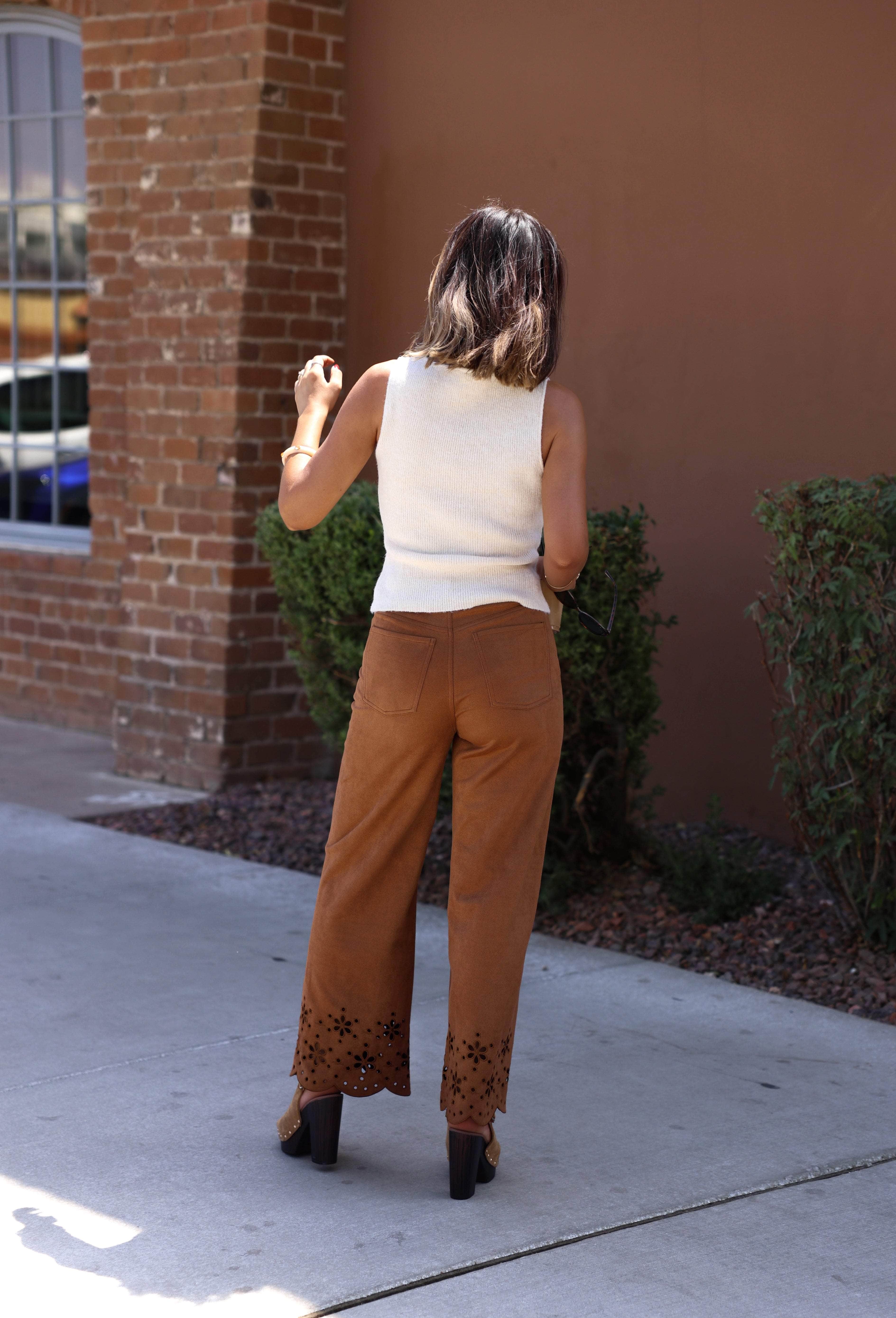 Camel Suede Embroidered Cut Out Pants