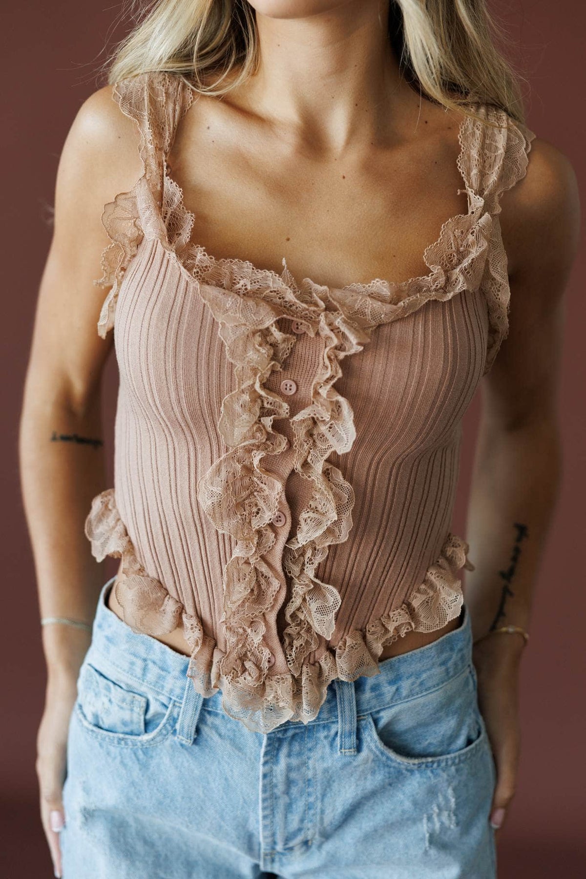 Pretty Little Secret Top in mauve, front close-up of the ruffle trimmed ribbed knit