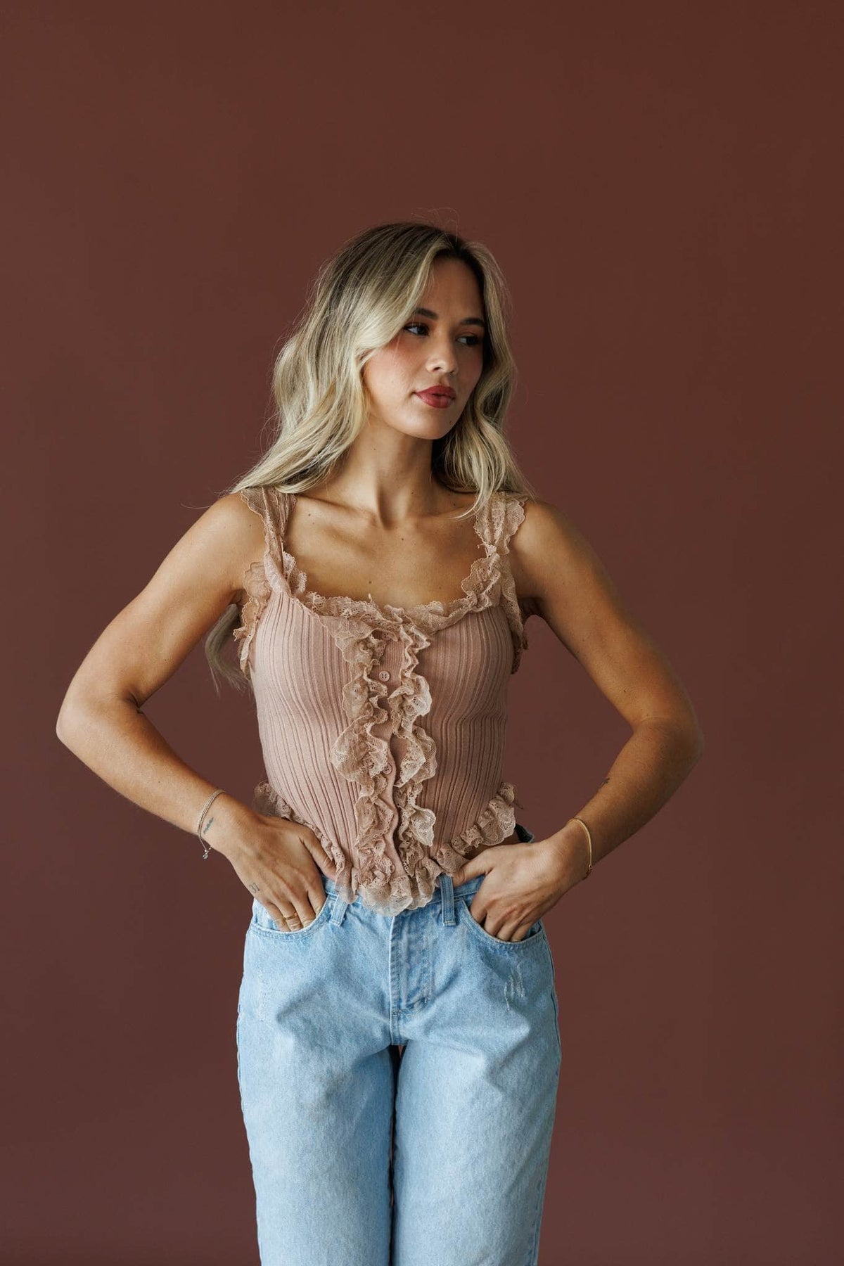 Pretty Little Secret Top in mauve, full-length view on model with light wash jeans