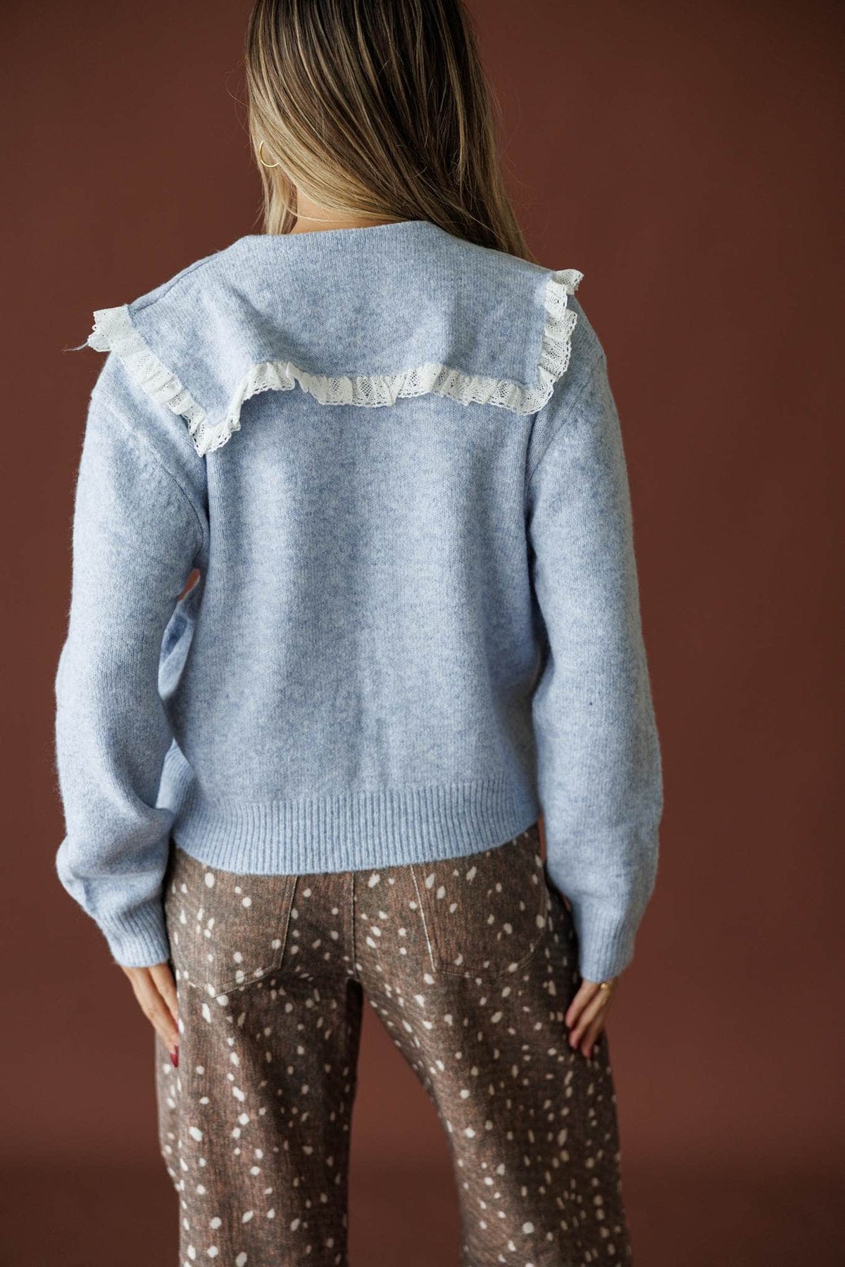 Sweet Collar Knit Cardigan in blue, back view showing the ruffle collar knit cardigan