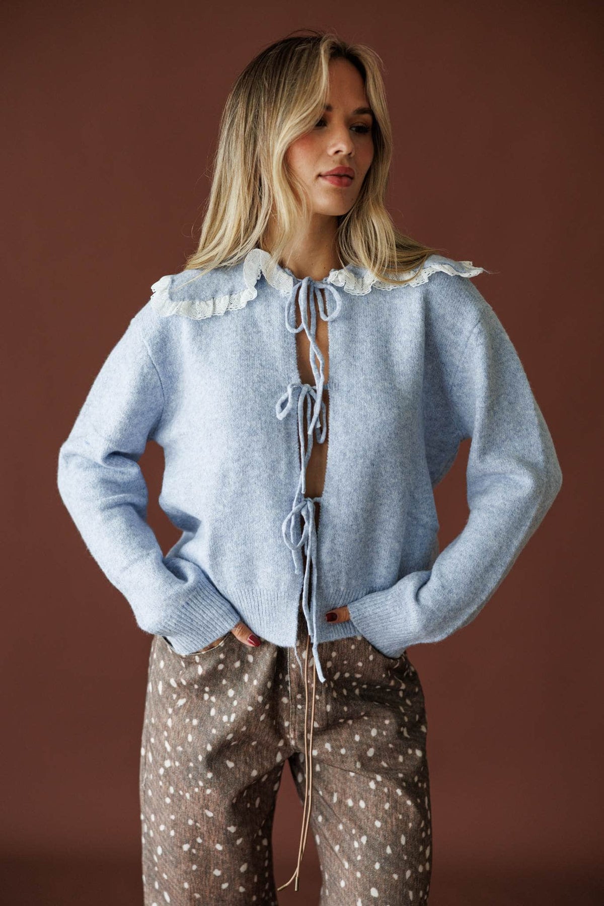 Sweet Collar Knit Cardigan in blue, front view showing the tie front knit cardigan