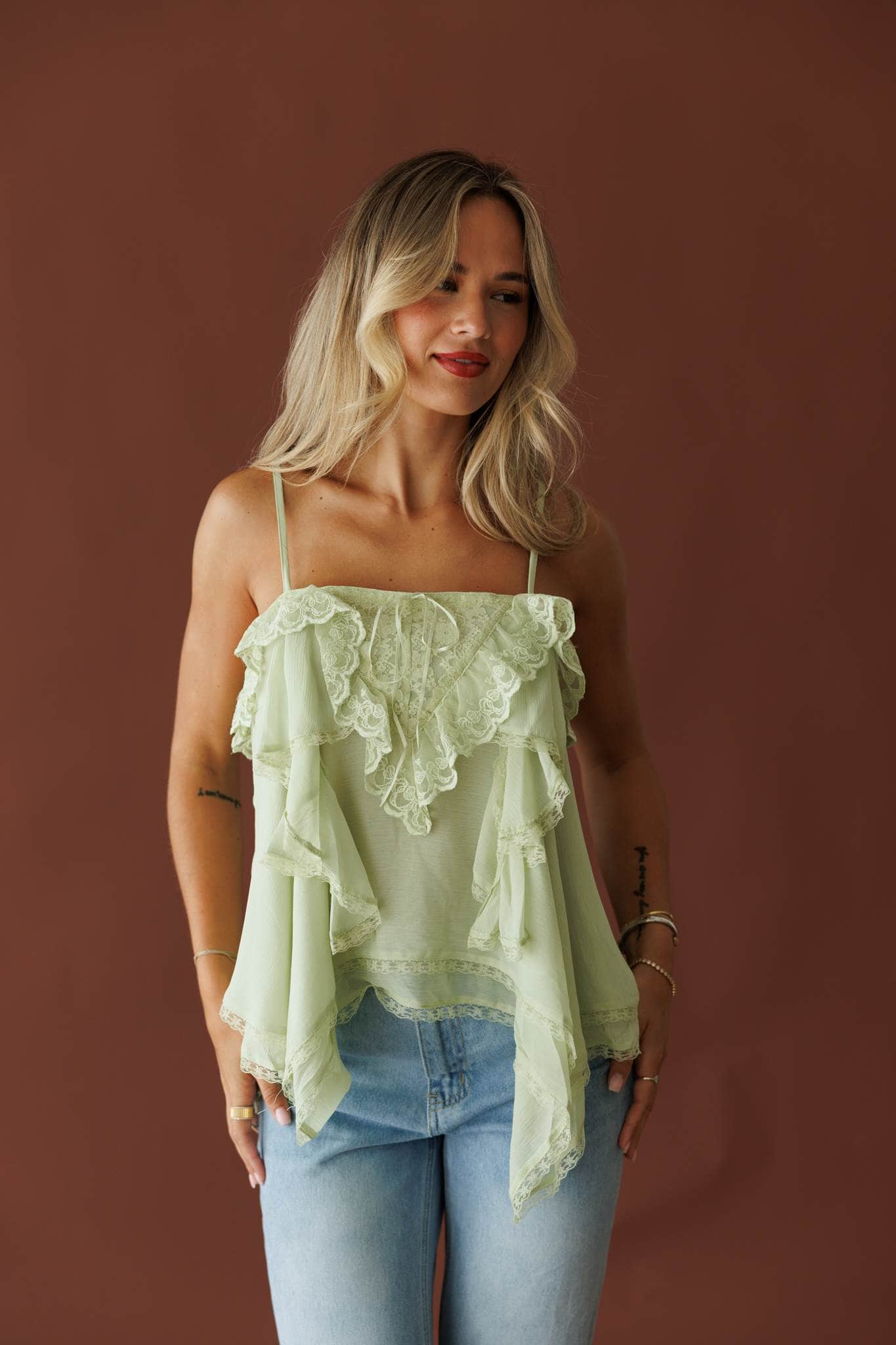 Light Sage Ruffle Lace Tank